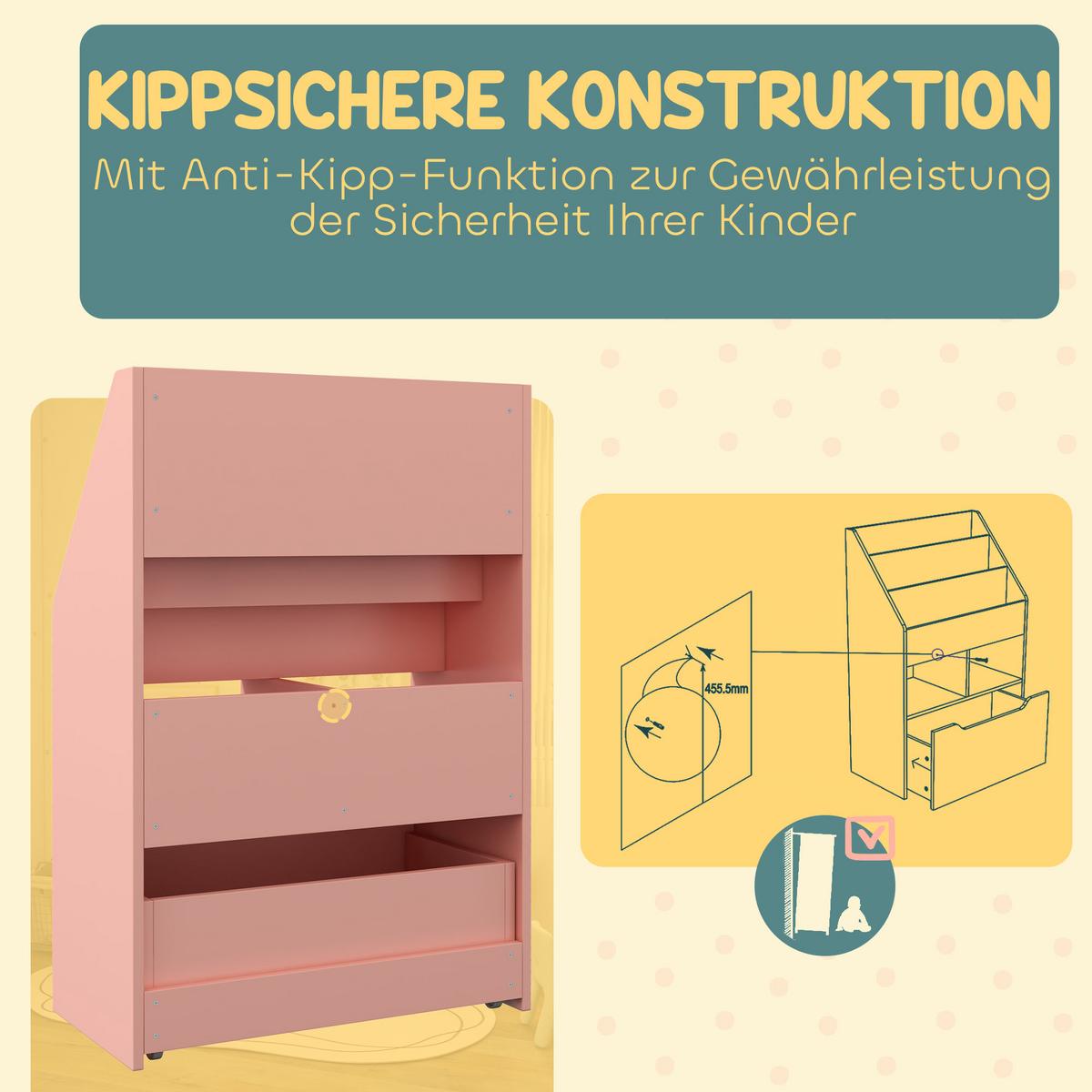KINDER Bücherregal Kinderregal mit Schublade, 3 Ablagefächern, 2 offenen Fächern - Rosa, Holzwerkstoff (29.9/90/60cm) - HOMCOM