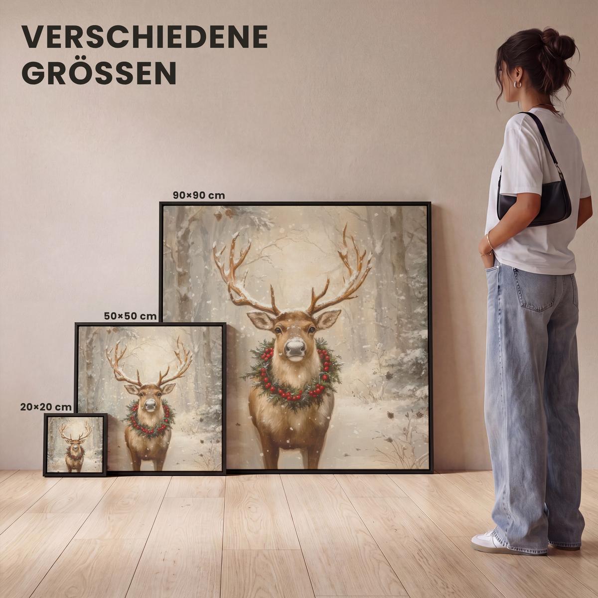 LEINWAND Bilder mit Rahmen - Weihnachten - Rentier - Winter - Kranz - 20x20 - Naturfarben, Textil (20/20cm) - MuchoWow