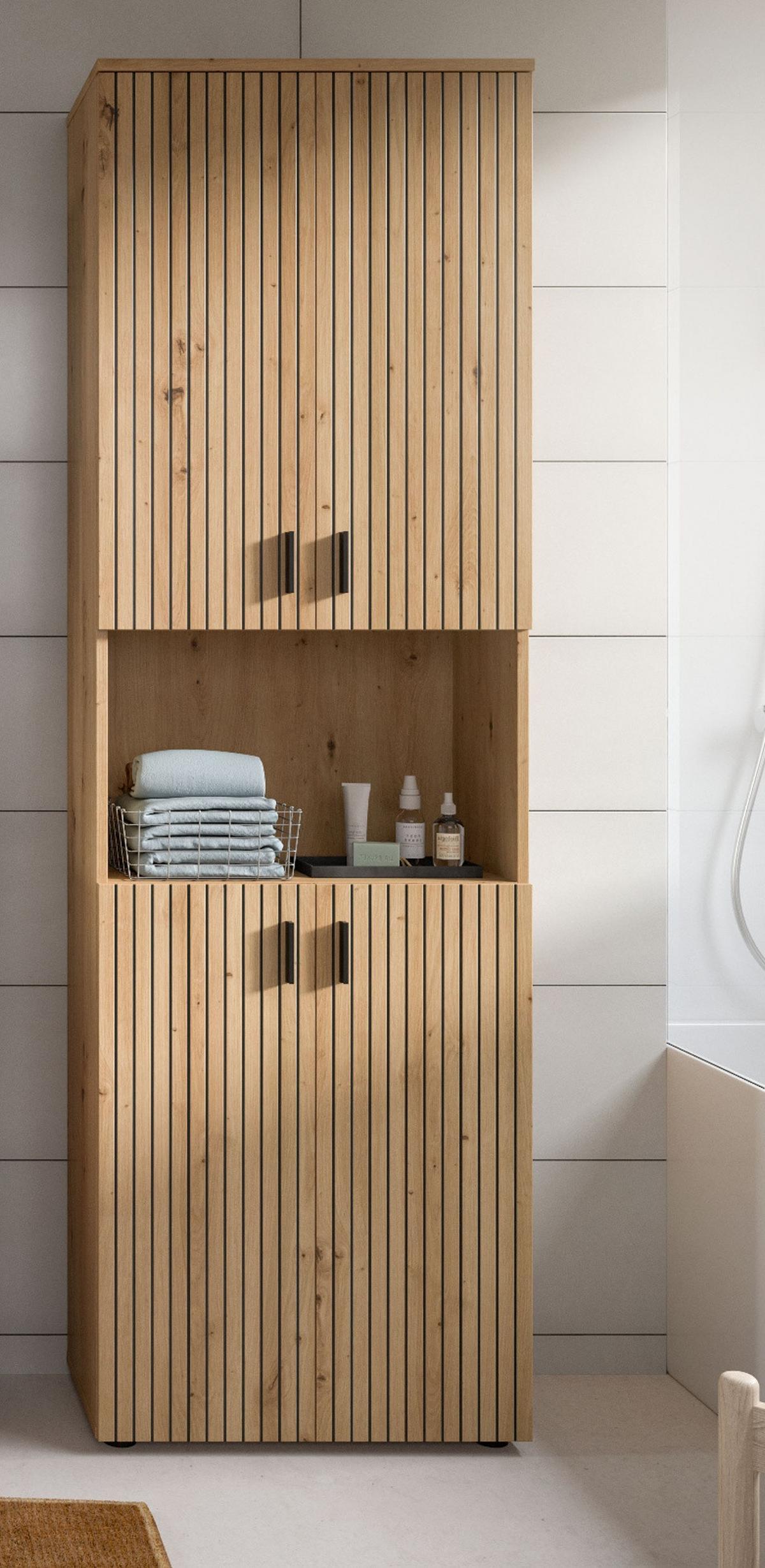 HOCHSCHRANK Eiche Artisan 60 x 192 cm, Badezimmer Schrank mit 8 Fächern - Schwarz/Eiche Artisan, Holzwerkstoff/Kunststoff (60/192/30cm) - Inn.Furn