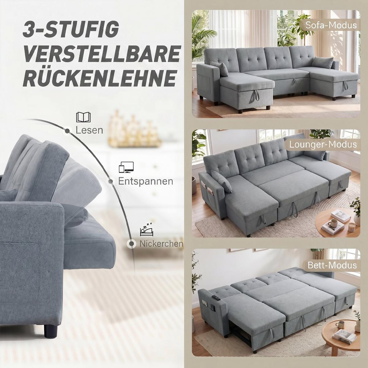 ECKSOFA Polyester Grau - Schwarz/Grau, Holz/Kunststoff (147/85/241cm) - HOMCOM