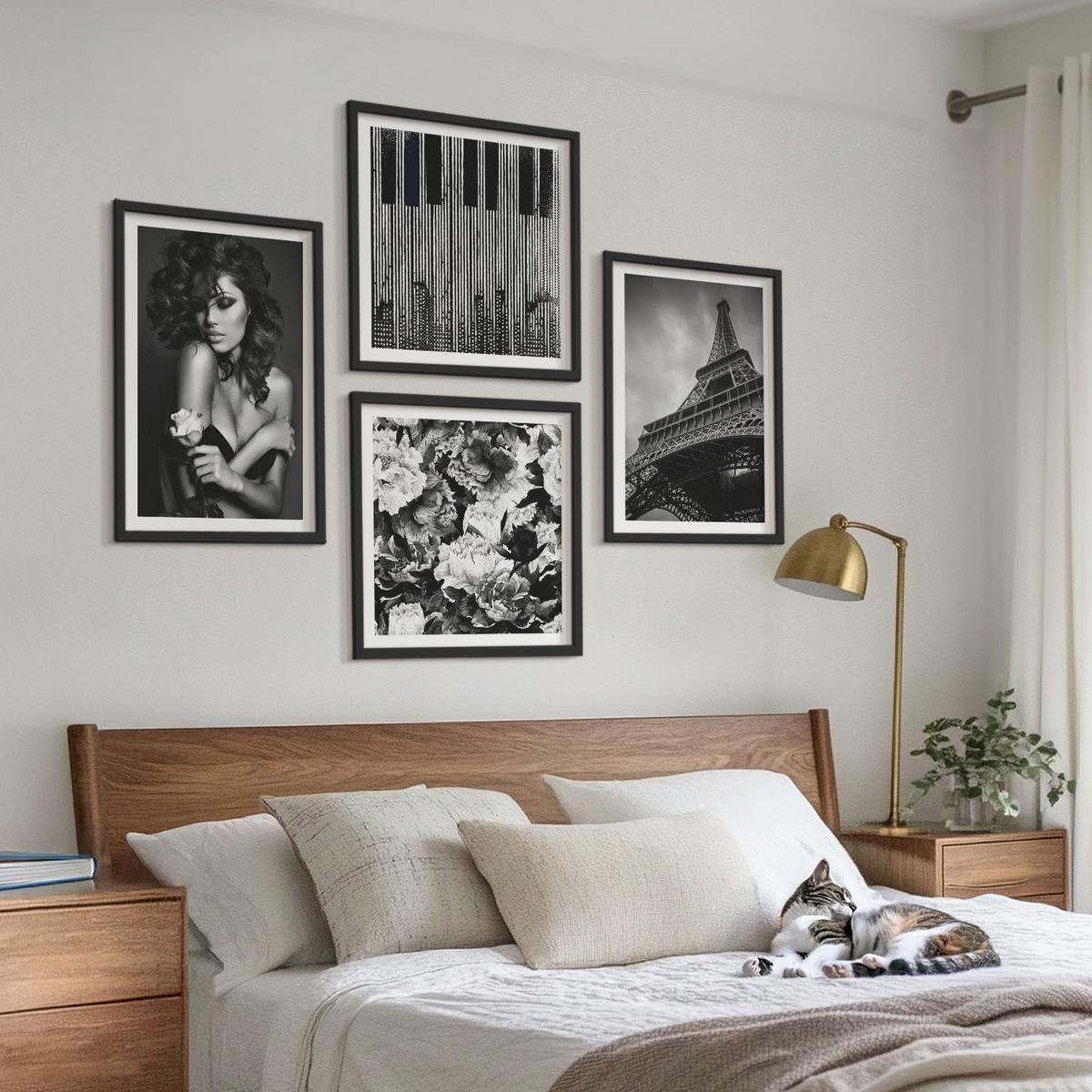 BILDER SET 4er Set - 50x50 cm & 40x60 cm Schwarzer Rahmen - Porträt einer Frau mit einer Eiffel-Rose - Schwarz, Kunststoff (50/50cm) - TULUP