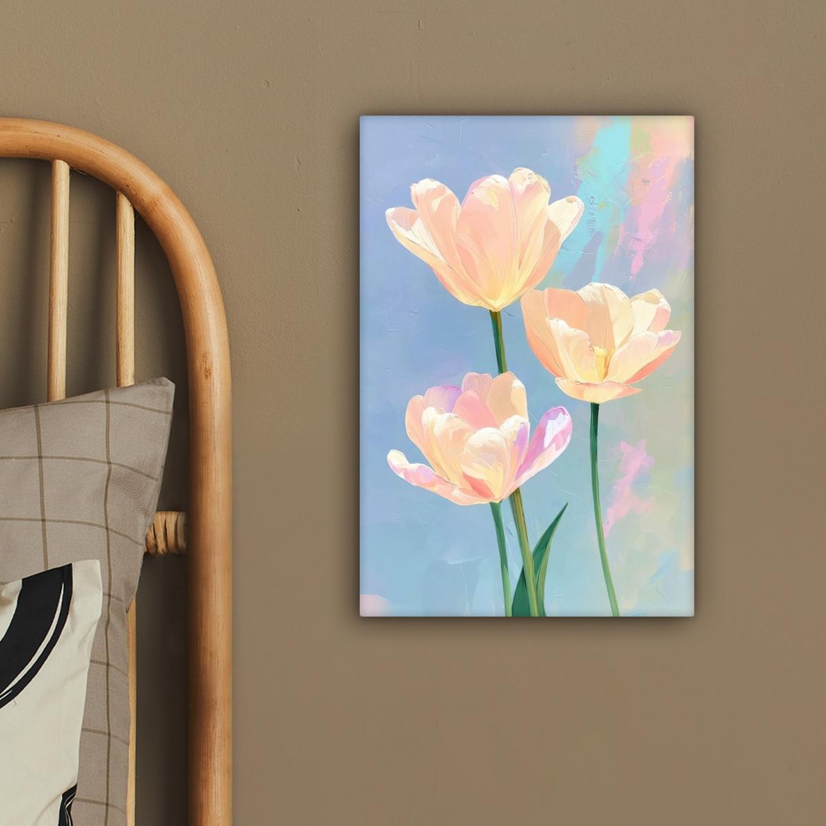 LEINWANDBILD Tulpen - Rosa Akzente - Blau Deko Wohnzimmer 20x30 cm - Pastellblau, Textil (20/30cm) - MuchoWow