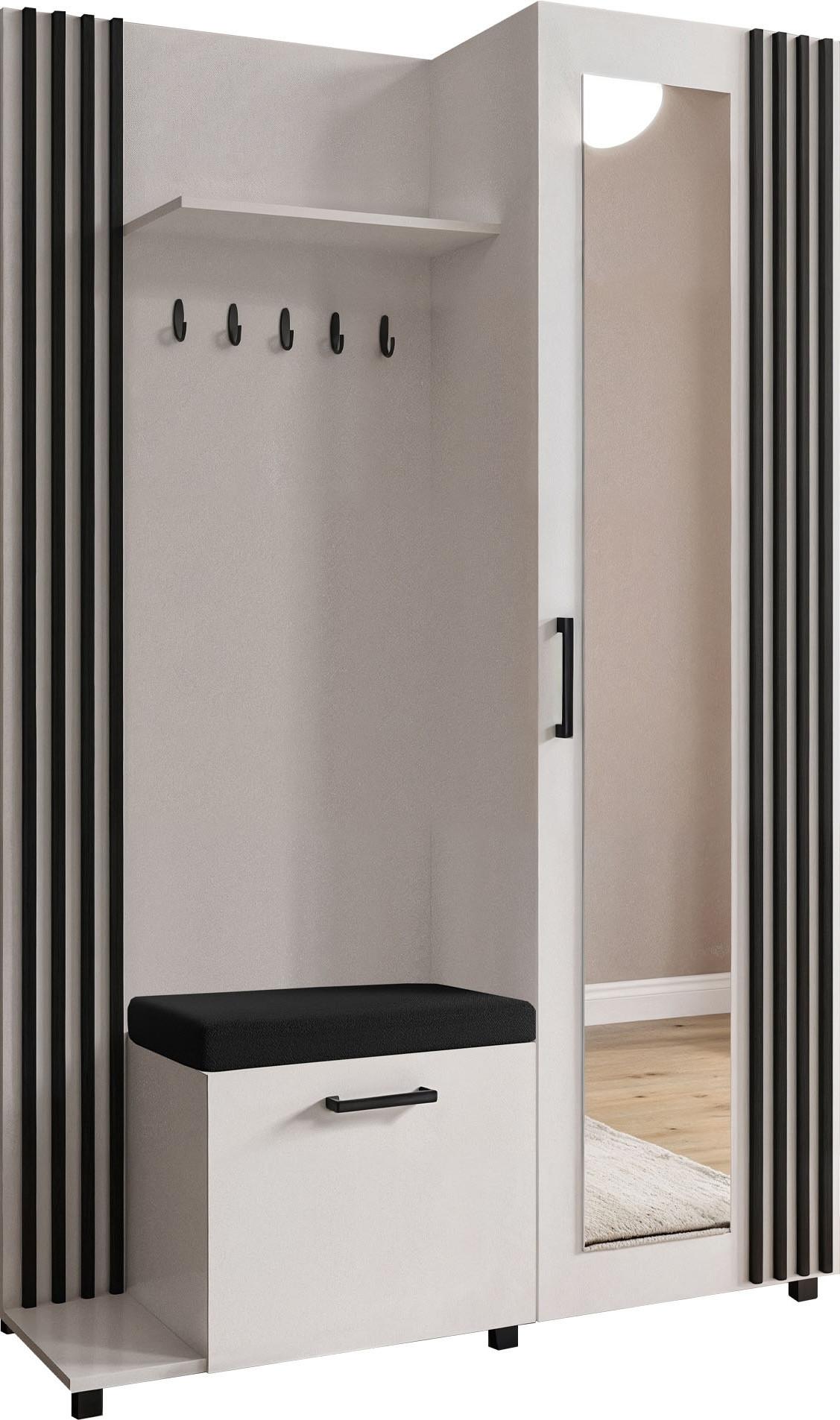 GARDEROBE Linaro mit Spiegel, Sitzbank in Lamellen-Optik 137/207/42 cm, Links - Multicolor/Schwarz, Holzwerkstoff (137/207/42cm) - WFL GROUP