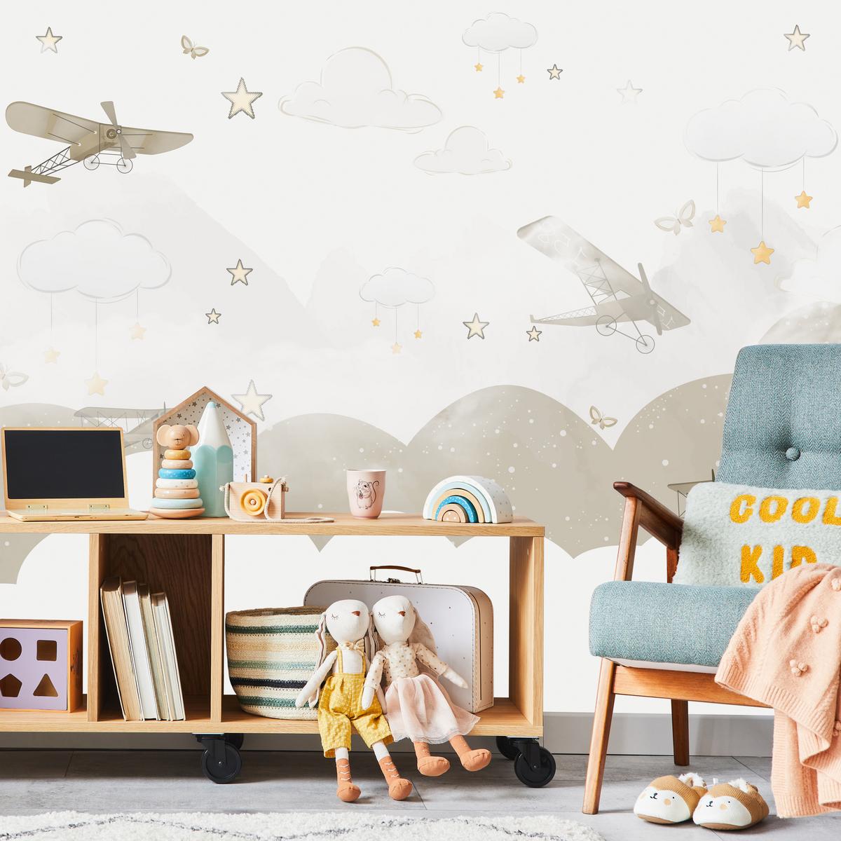 FOTOTAPETE für Kinderzimmer Flugzeuge Wolken Sterne Himmel 150x105 - Gelb/Beige, Papier (150/105cm) - Muralo