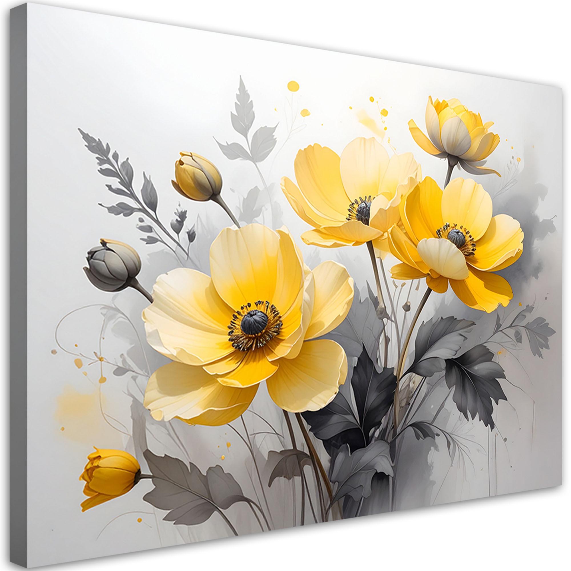 WANDBILD, Gelbe Blumen auf hellem Hintergrund mit dezentem Gold - Gelb, Textil (45/30cm) - Feeby