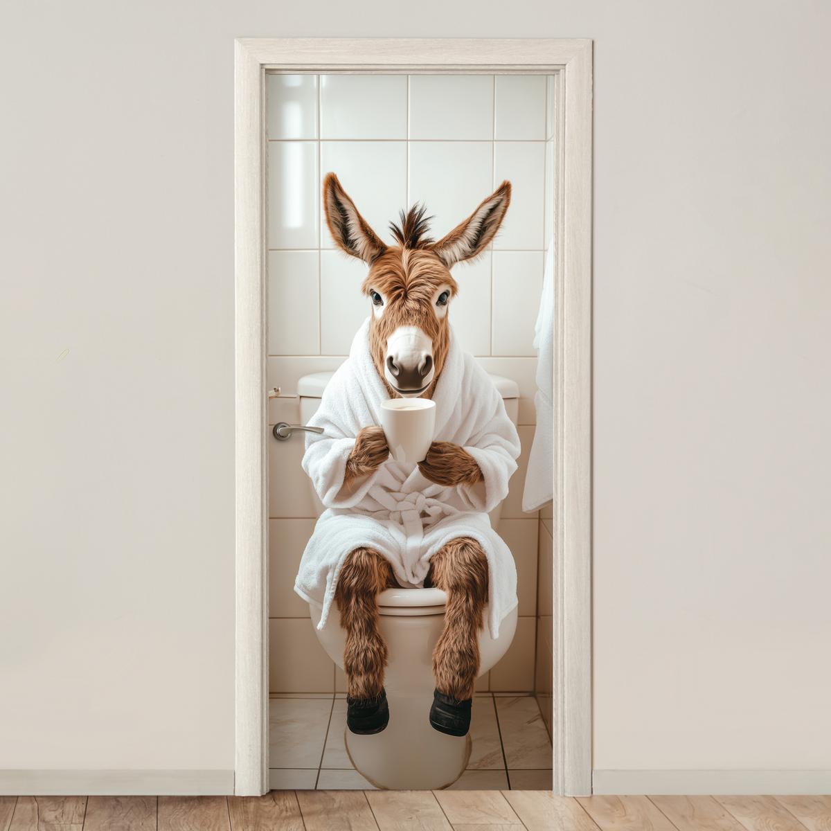 TÜRAUFKLEBER Esel - WC - Lustig - Bademantel - Tier Deko Wohnzimmer 95x235 cm - Türtapete - Beige, Kunststoff (95/0.1/235cm) - MuchoWow