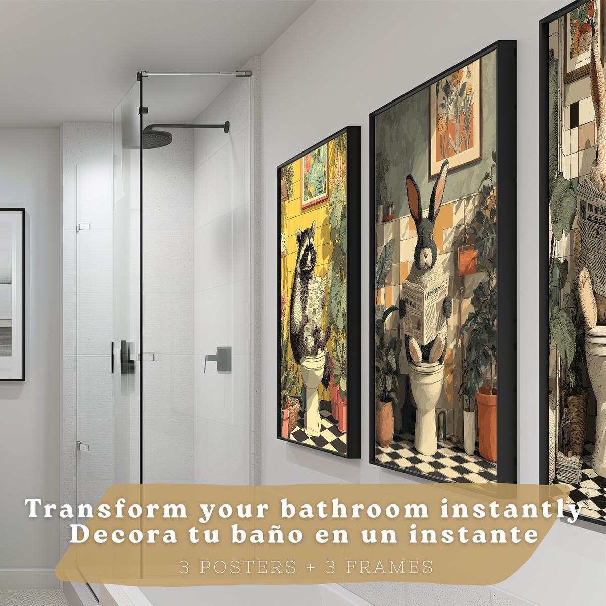 POSTER 3er-Set Tierdrucke im Badezimmer, lustige Waschbär Kaninchen-Dekorationsbilder im modernen Vintage-Stil für und Toilette Schwarzer Rahmen A3 - Schwarz, Papier (42/29.7/3cm) - Nacnic
