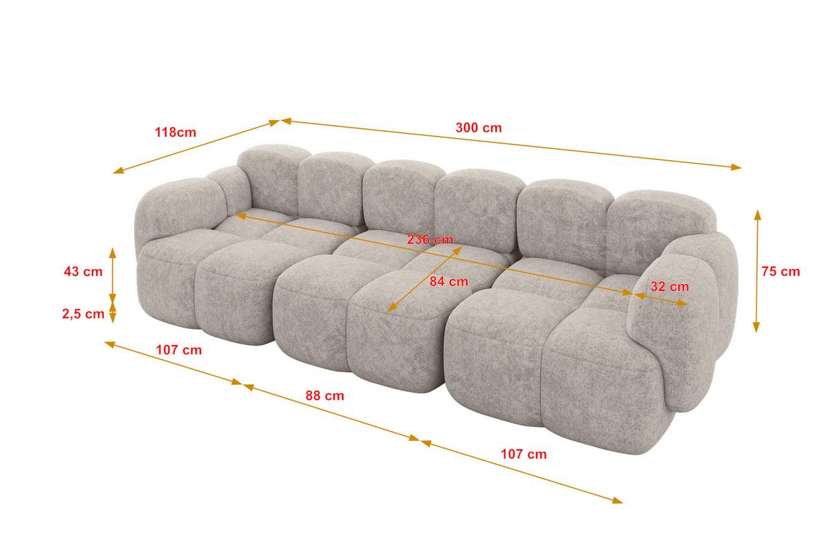 3-SITZER modulares Sofa Miko-S2 300x118x75 cm Hellgrau Velours - Hellgrau/Schwarz, Holzwerkstoff/Kunststoff (300/75/118cm) - ALTDECOR