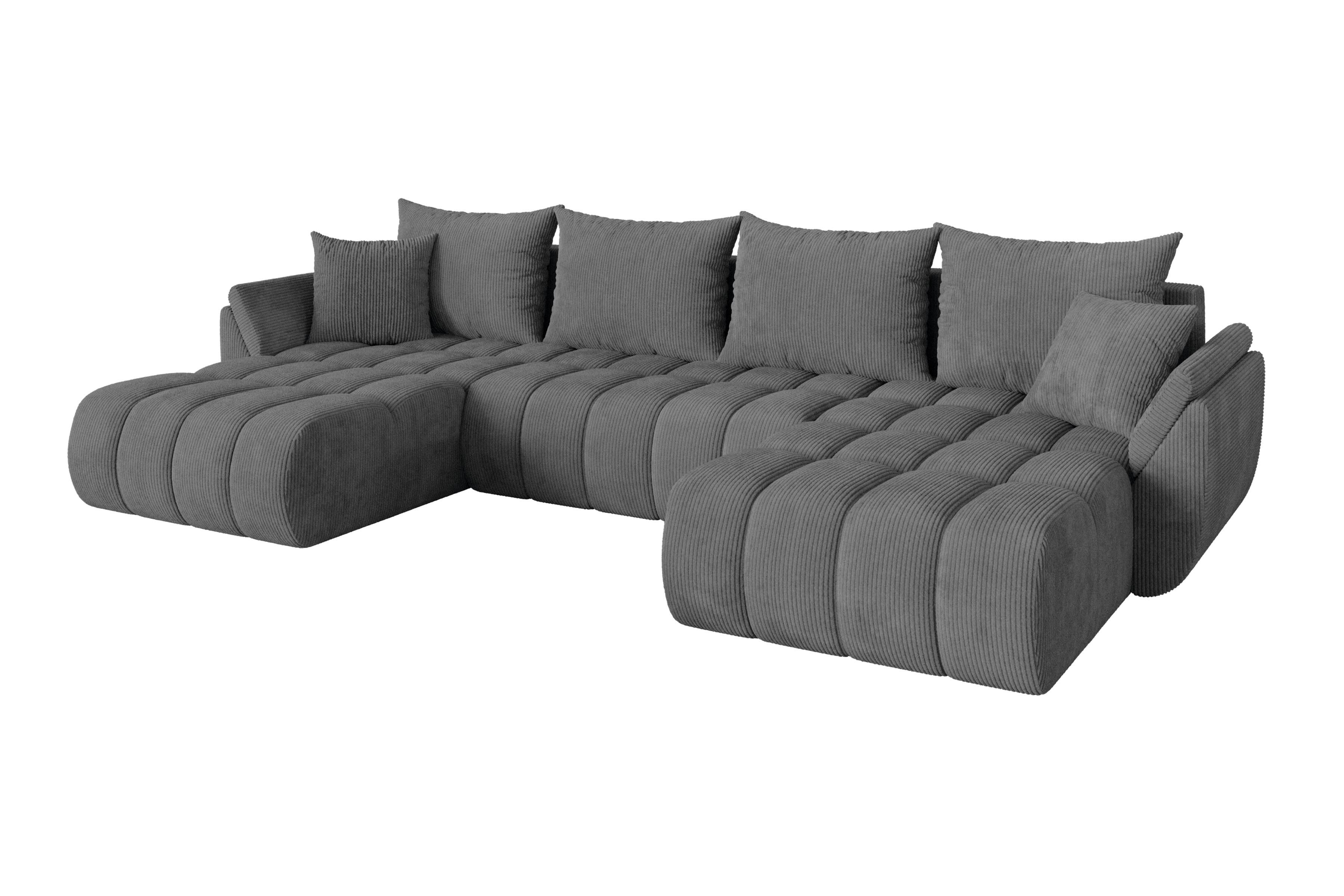 WOHNLANDSCHAFT mit Schlaffunktion und Bettkasten TOKO-U-v1 378x194x86 Dunkelgrau Cord - Dunkelgrau/Schwarz, Holzwerkstoff/Kunststoff (378/86/194cm) - ALTDECOR