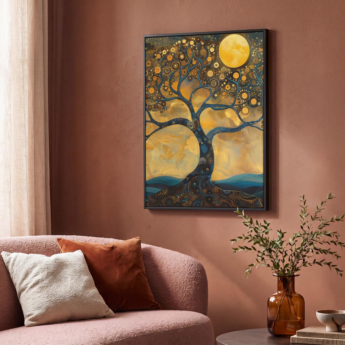 LEINWAND Bilder mit Rahmen - Baum - Mond - Blumen - Gold - Kunst - 70x100 - Orange, Textil (70/100cm) - MuchoWow