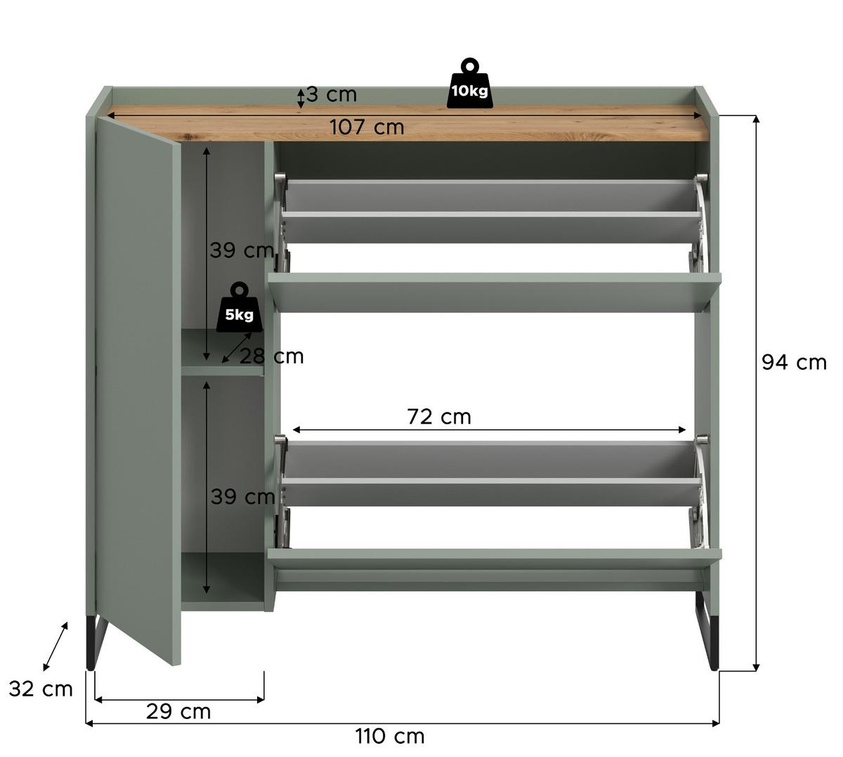 SCHUHKIPPER Salbei grün, Artisan Eiche 110 x 94 cm, Schuhschrank mit Soft-Close - Salbeigrün/Schwarz, Holzwerkstoff/Metall (110/94/32cm) - Inn.Furn