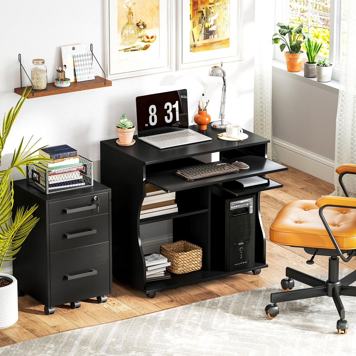 COMPUTERTISCH mit Rollen, Schwarz 80 x 48 x 75 cm - Schwarz, Holz (80/48/75cm) - HOMCOM