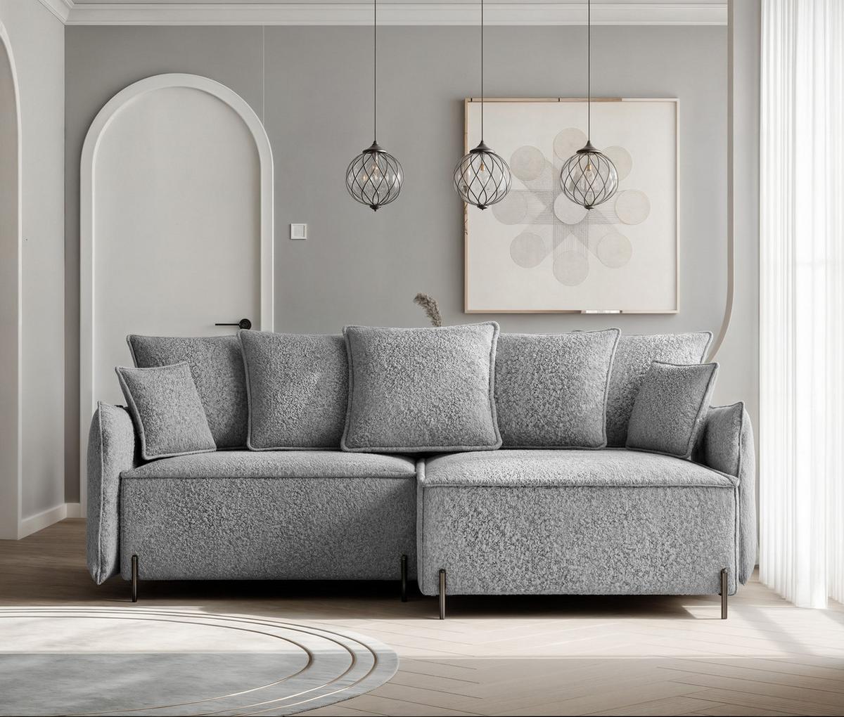 ECKSOFA MARCO Rechts, mit Schlaffunktion und Bettkasten, Hellgrau - Hellgrau, Textil/Metall (221/148cm) - Idohome