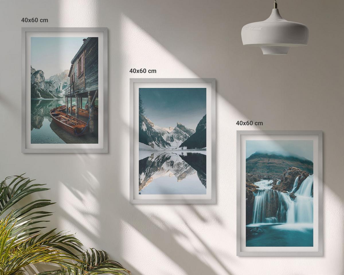 BILDER SET 3er Set - 40x60 cm Silberner Rahmen - Berglandschaften Wasserfall See - Silberfarben, Kunststoff (40/60cm) - TULUP