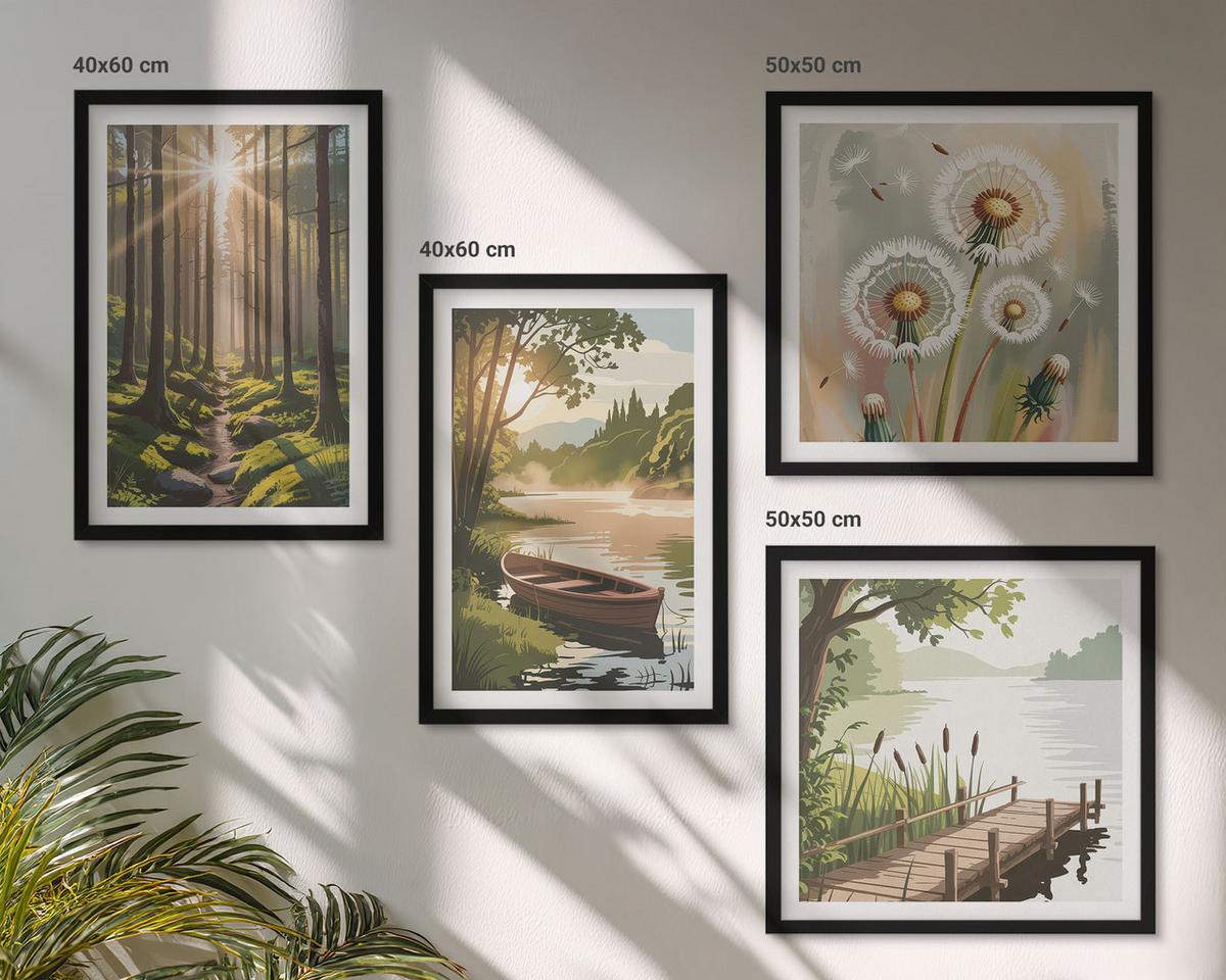 BILDER SET 4er Set - 50x50 cm & 40x60 cm Schwarzer Rahmen - Waldlandschaft, See Łódź - Schwarz, Kunststoff (50/50cm) - TULUP