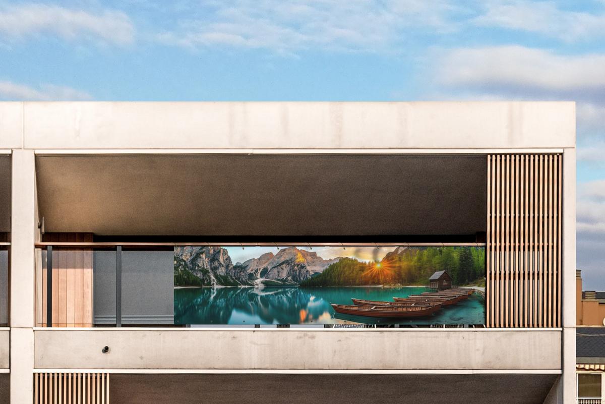 BALKON-SICHTSCHUTZ See - Berge - Sonnenuntergang - Boot Witterungsbeständig 300x80 cm - Petrol, Kunststoff (300/80cm) - MuchoWow