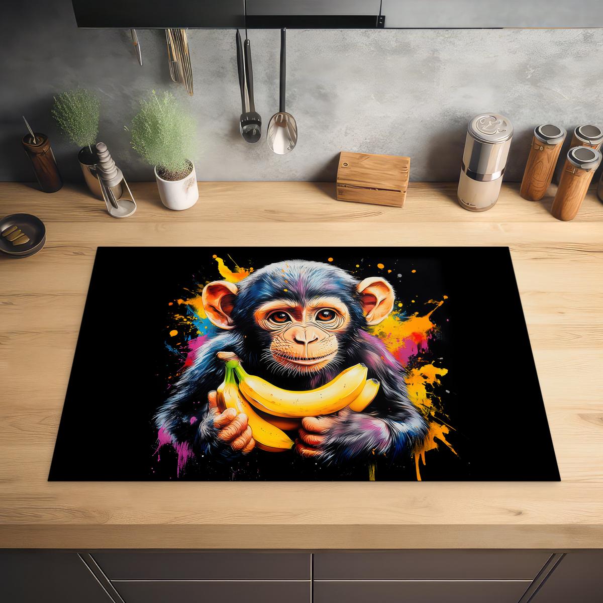 HERDABDECKPLATTE Affe - Graffiti - Farbenfroh - Bananen - Modern Induktionsschutz 80x52.2 cm - Gelb, Kunststoff (80.2/52.2/0.2cm) - MuchoWow