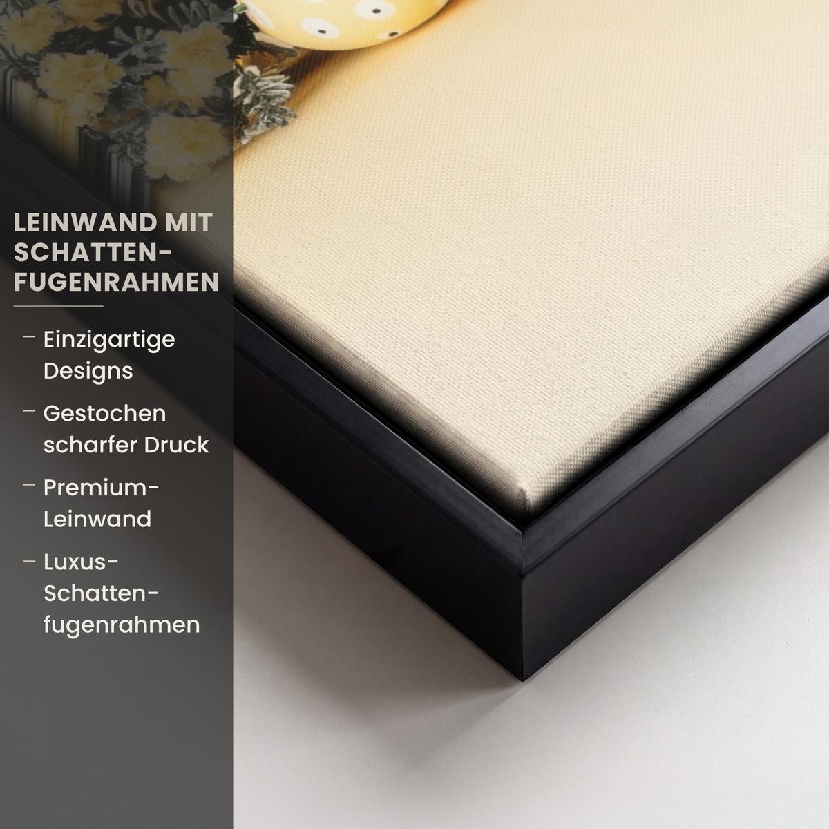 LEINWAND Bilder mit Rahmen - Eier - Kaninchen - Pastellfarbtöne - 70x100 - Hellgelb, Textil (70/100cm) - MuchoWow