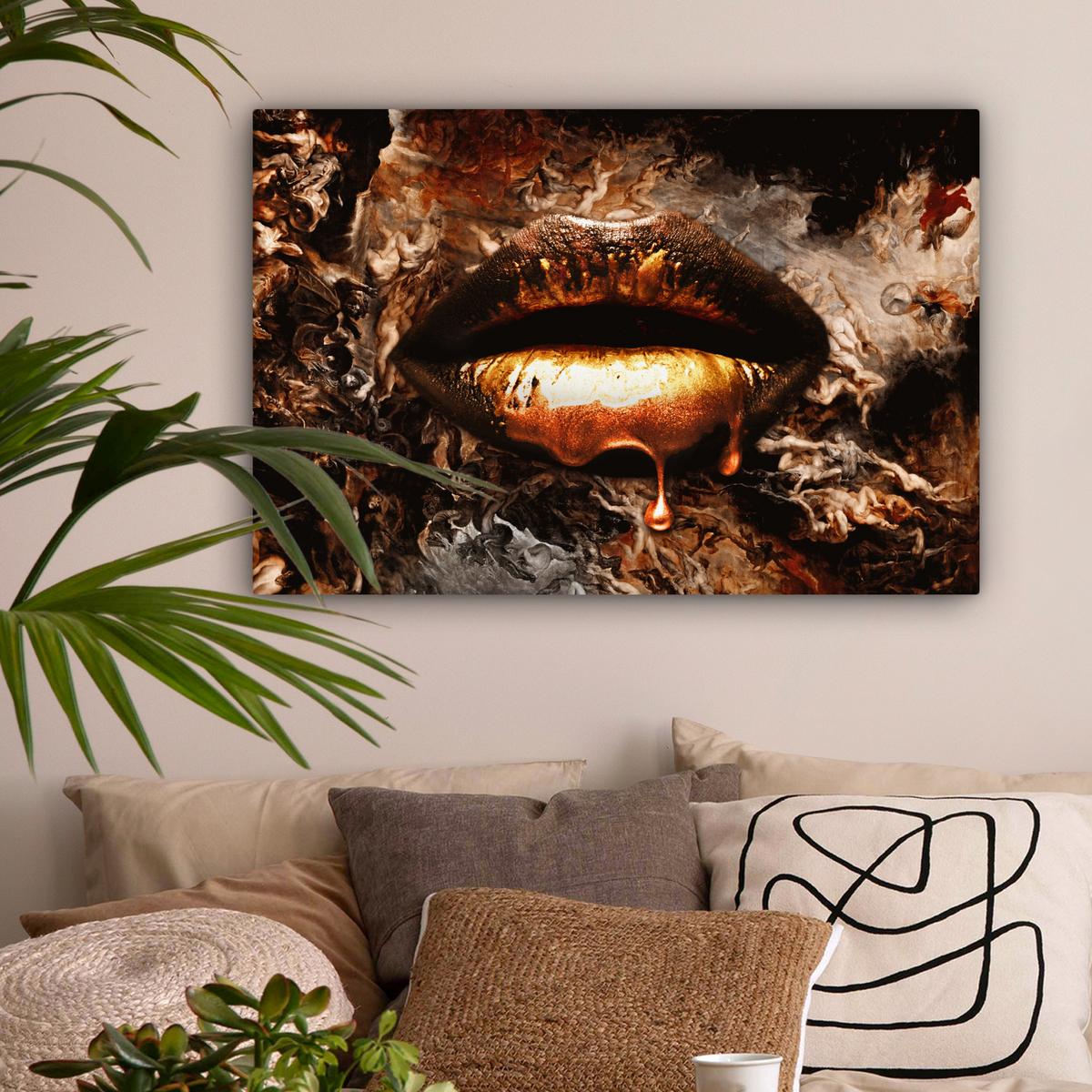 LEINWANDBILD Gold - Lippen - Kunst - Gold - Luxus - Abstrakt Wanddeko 90x60 cm - Kupferfarben, Textil (90/60cm) - MuchoWow