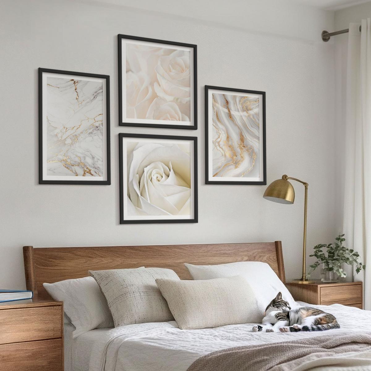 BILDER SET 4er Set - 50x50 cm & 40x60 cm Schwarzer Rahmen - Elegante Marmormuster - Schwarz, Kunststoff (50/50cm) - TULUP