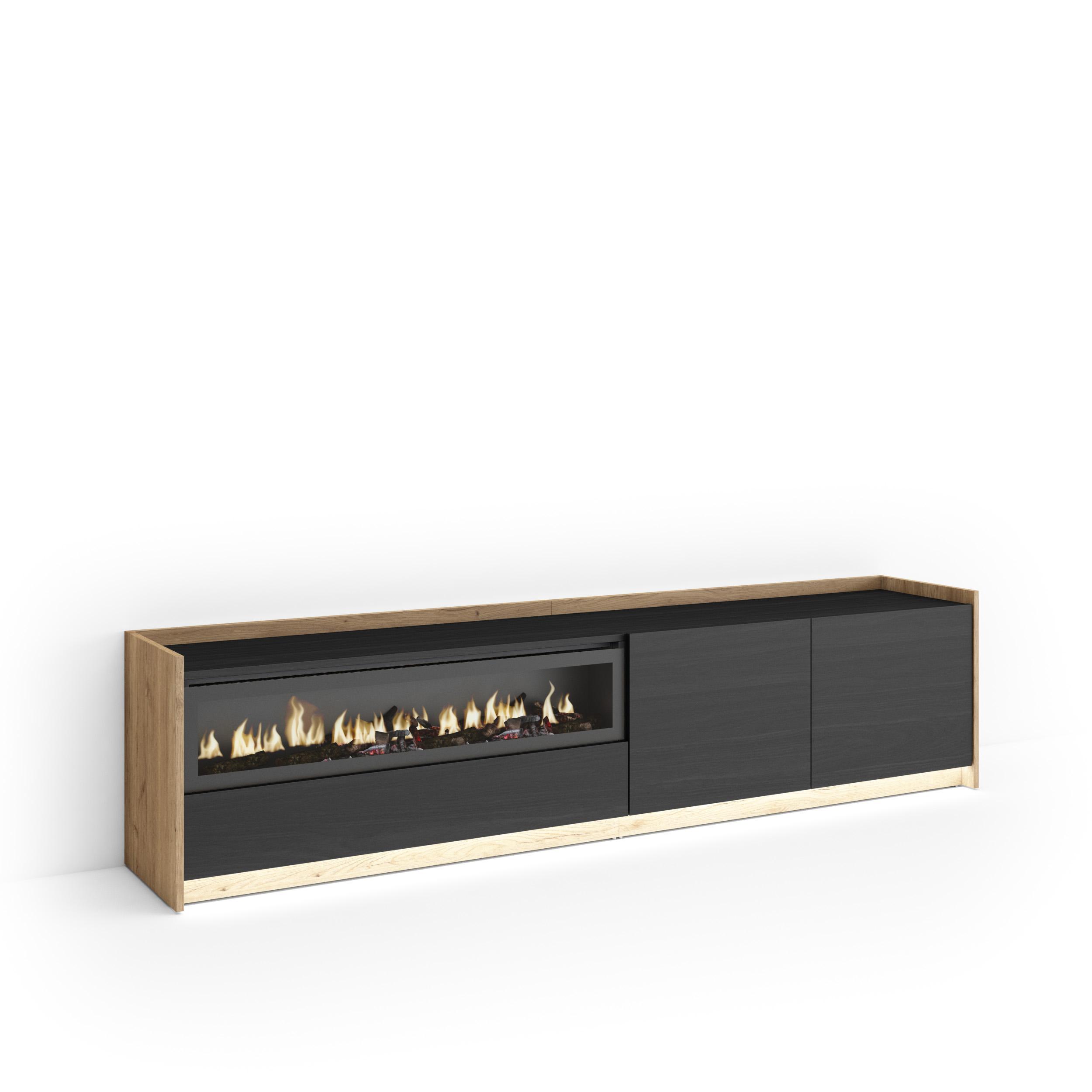 LOWBOARD, Schwarz und Eiche, 207/37/50cm, Kamin mit Feuereffekt - Schwarz, Holzwerkstoff (207/50/37cm) - Skraut Home