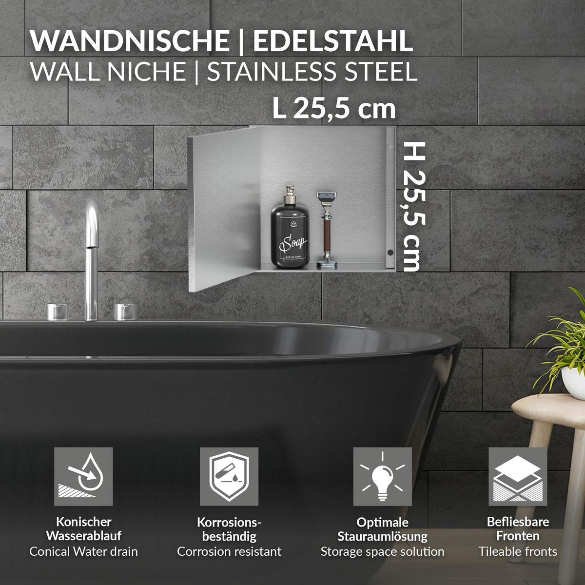 DUSCHNISCHE Edelstahl gebürstet mit befliesbarer Tür Silber 25,5/25,5 cm - Silberfarben, Metall (30/10/30cm) - LuxeBath