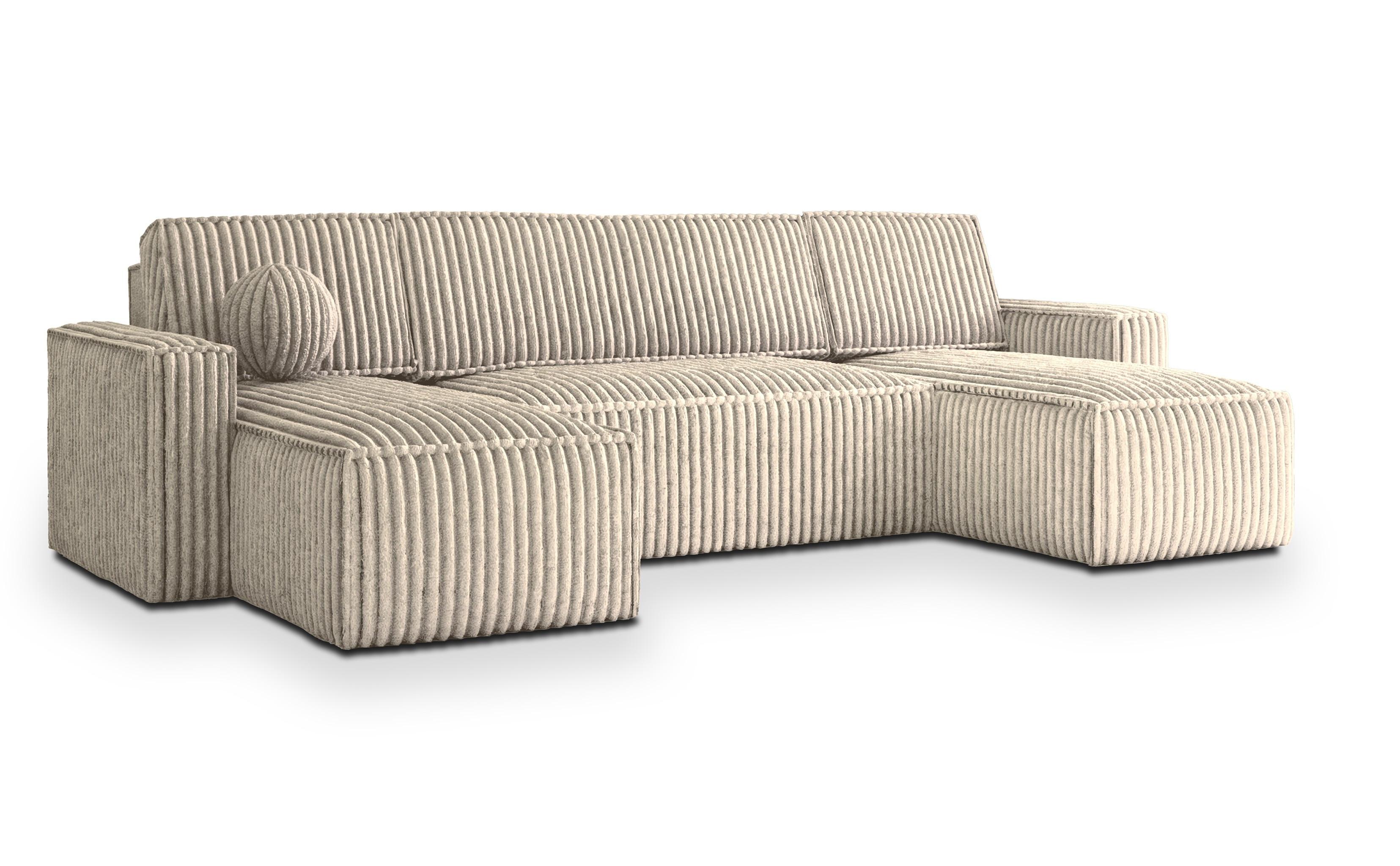 WOHNLANDSCHAFT PESANO T Creme Kordstoff mit Schlaffunktion - Creme/Grau, Holz/Kunststoff (306/85/140cm) - MASSENO