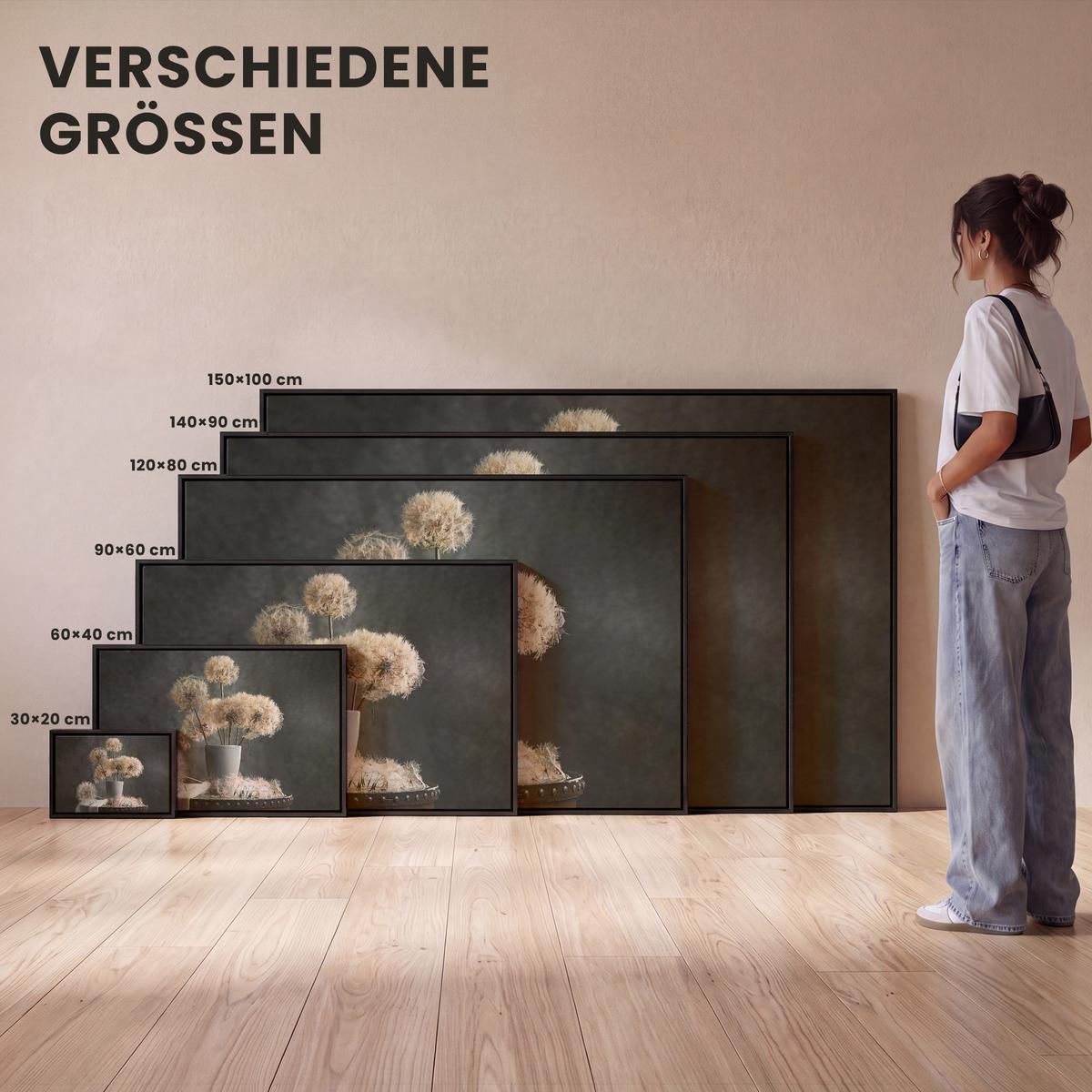LEINWAND Bilder mit Rahmen - Blumensamen - Löwenzahn - Vase - Stilleben - Blumenstrauß - 140x90 - Dunkelgrau, Textil (140/90cm) - MuchoWow