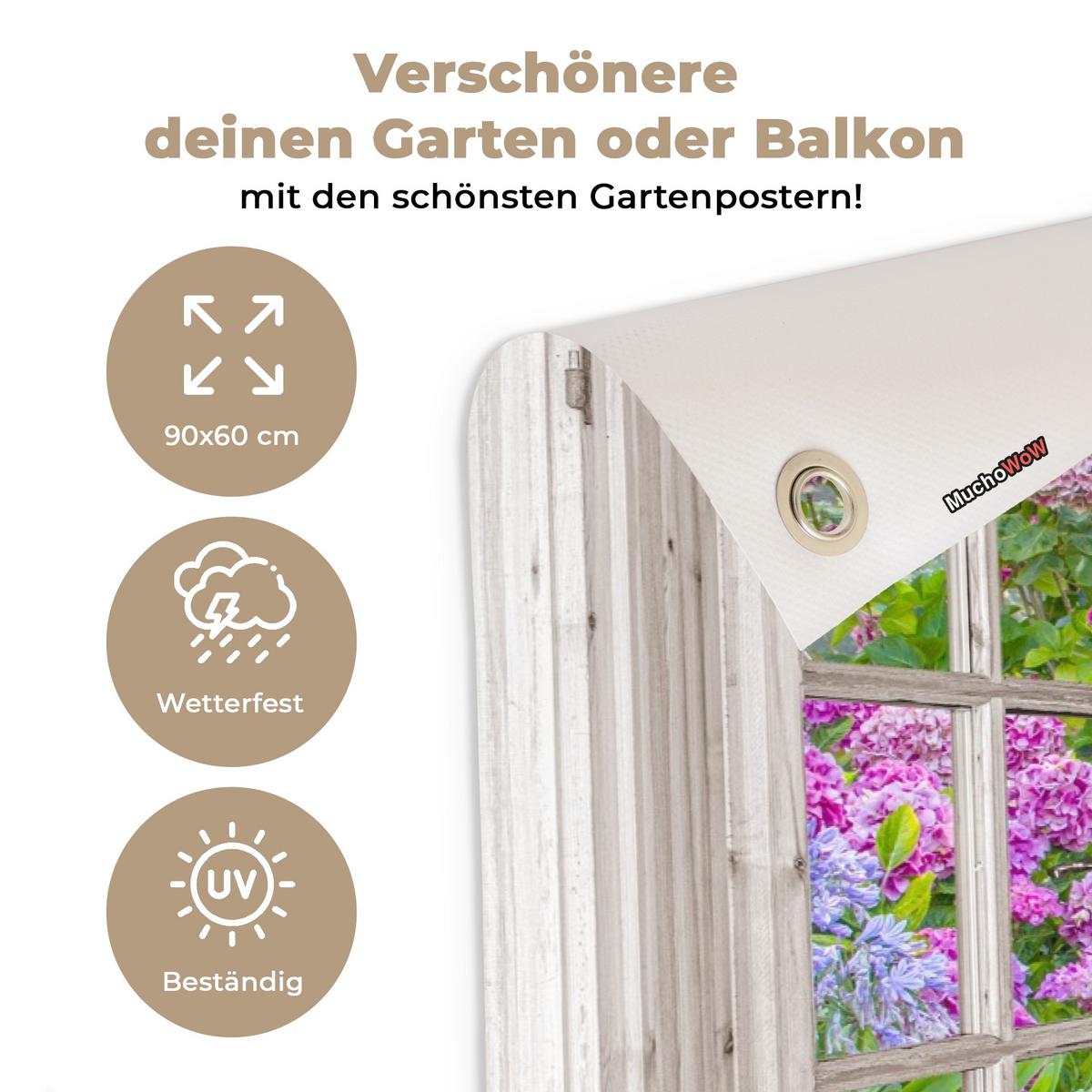 GARTENPOSTER Hortensie - Durchsichtig - Blumen - Sommer - Lila - Weg Gartendeko 90x60 cm - Grün, Kunststoff (90/60/0.2cm) - OnlyWow