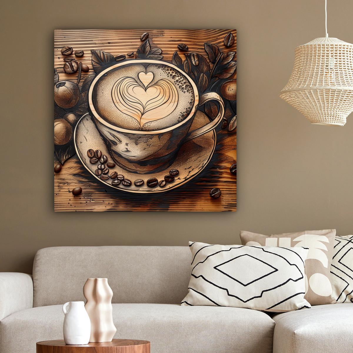 LEINWANDBILD Kaffee - Vintage - Braun - Tasse - Holz Deko Groß 90x90 cm - Braun, Textil (90/90cm) - MuchoWow