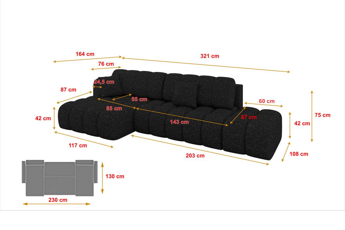 ECKSOFA mit Schlaffunktion Ottomane Links OLEA-L2 321x164x75 Schwarz Tissu - Schwarz Hochglanz/Schwarz, Holzwerkstoff/Kunststoff (321/164cm) - ALTDECOR
