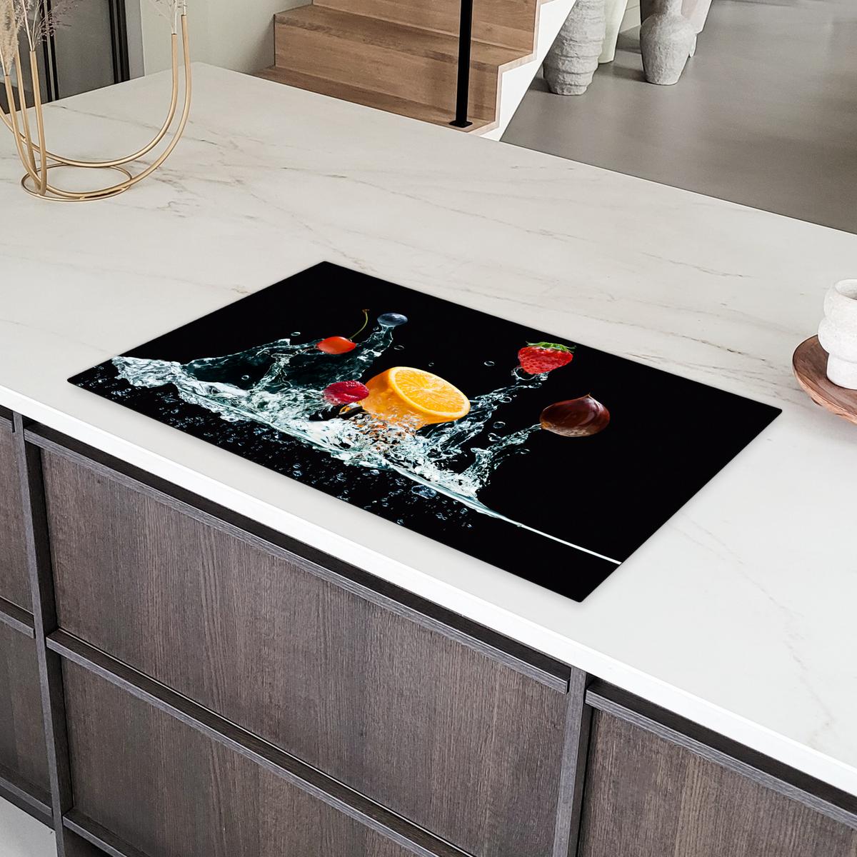 HERDABDECKPLATTE Wasser - Obst - Orange - Erdbeere - Kirsche - Schwarz Ceranfeldabdeckung 90x52 cm - Orange, Kunststoff (90/52/0.2cm) - MuchoWow