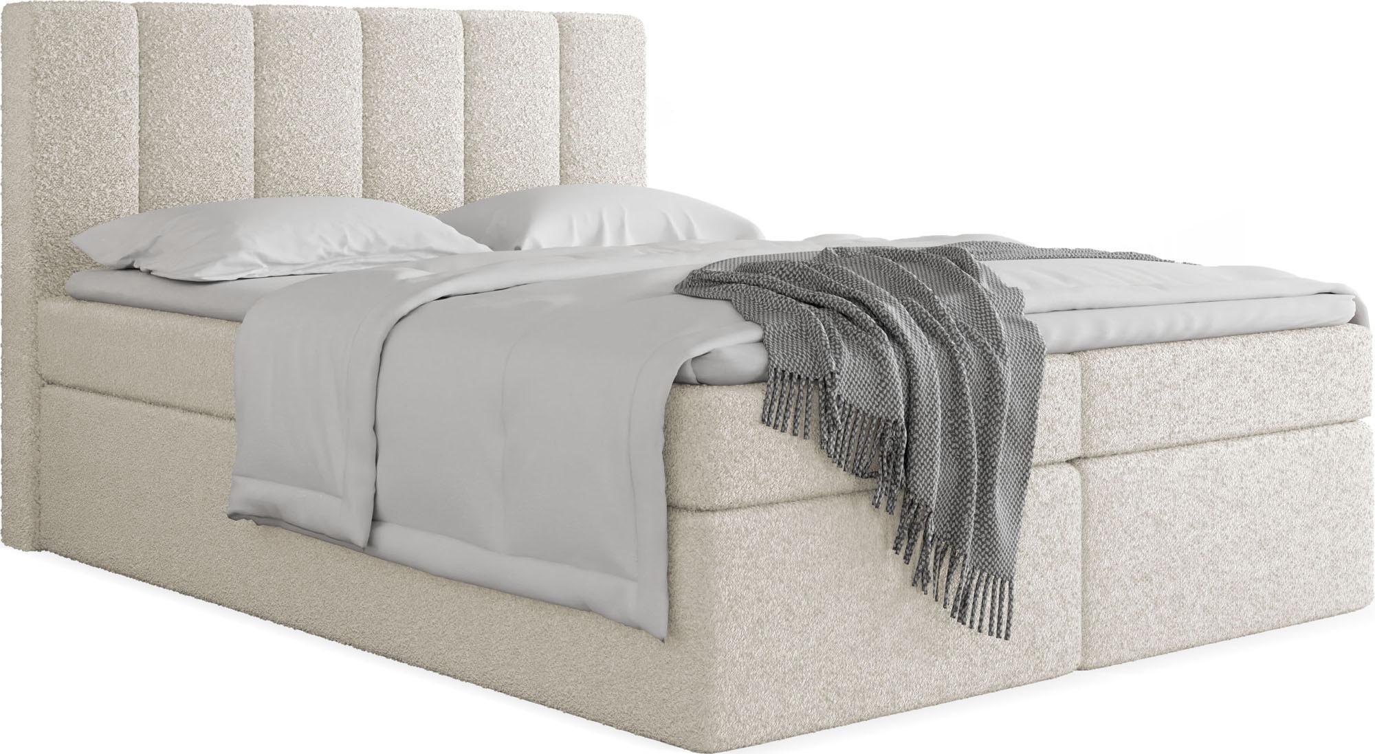 BOXBETT Amira mit Bettkasten, Boucle Weiß 120/200 cm – 7-Zonen Taschenfederkern-Matratze & Komfortschaum-Topper - Schwarz/Weiß, Kunststoff/Textil (120/200cm) - WFL GROUP