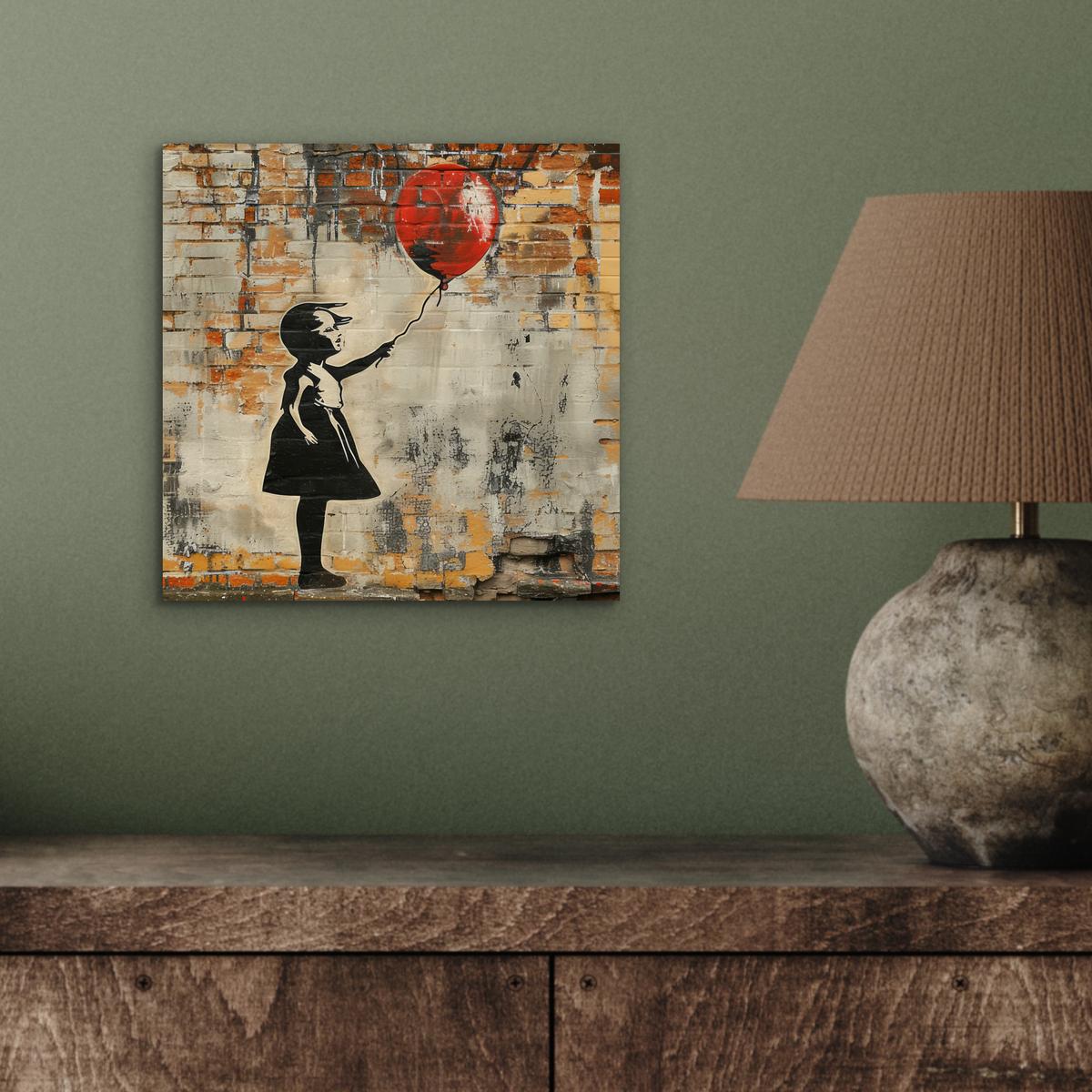 METALLBILD Graffiti - Banksy - Mädchen - Straßenkunst 20x20 cm - Sandfarben, Metall (20/20cm) - MuchoWow