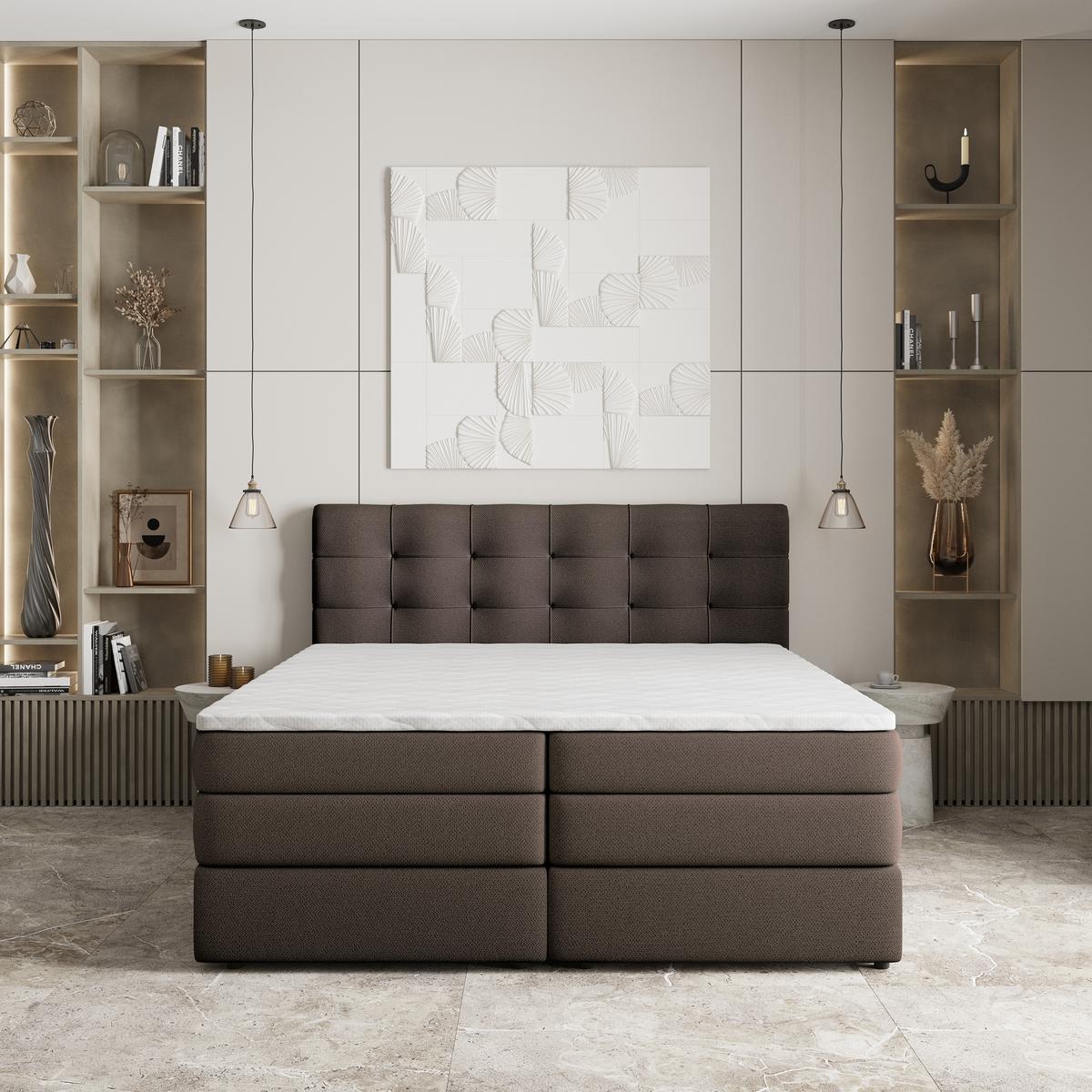 BOXSPRINGBETT AREZI 140x200 cm mit Matratze und Topper - Braun - Braun, Holz (140/200cm) - MASSENO