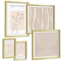 BILDER SET 5er Set - 50x50 cm & 20x30 cm & 40x60 cm Goldrahmen - Eine Sammlung minimalistischer Formen - Goldfarben, Kunststoff (40/60cm) - TULUP