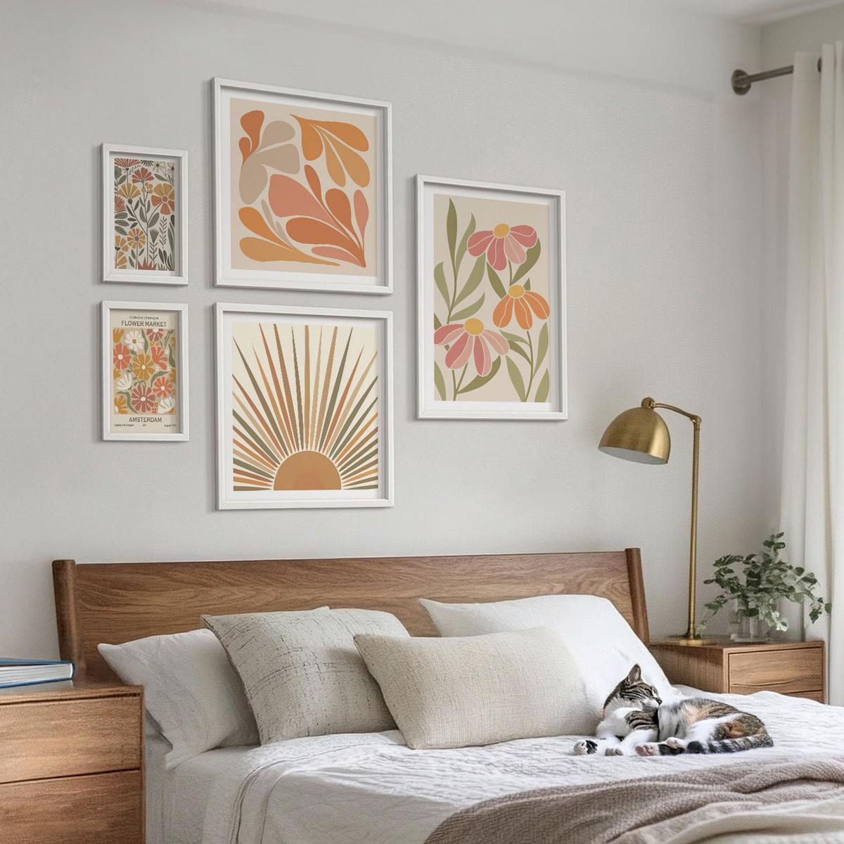 BILDER SET 5er Set - 50x50 cm & 20x30 cm & 40x60 cm Weißer Rahmen - Pastellfarbene Sonnenblumen - Weiß, Kunststoff (40/60cm) - TULUP