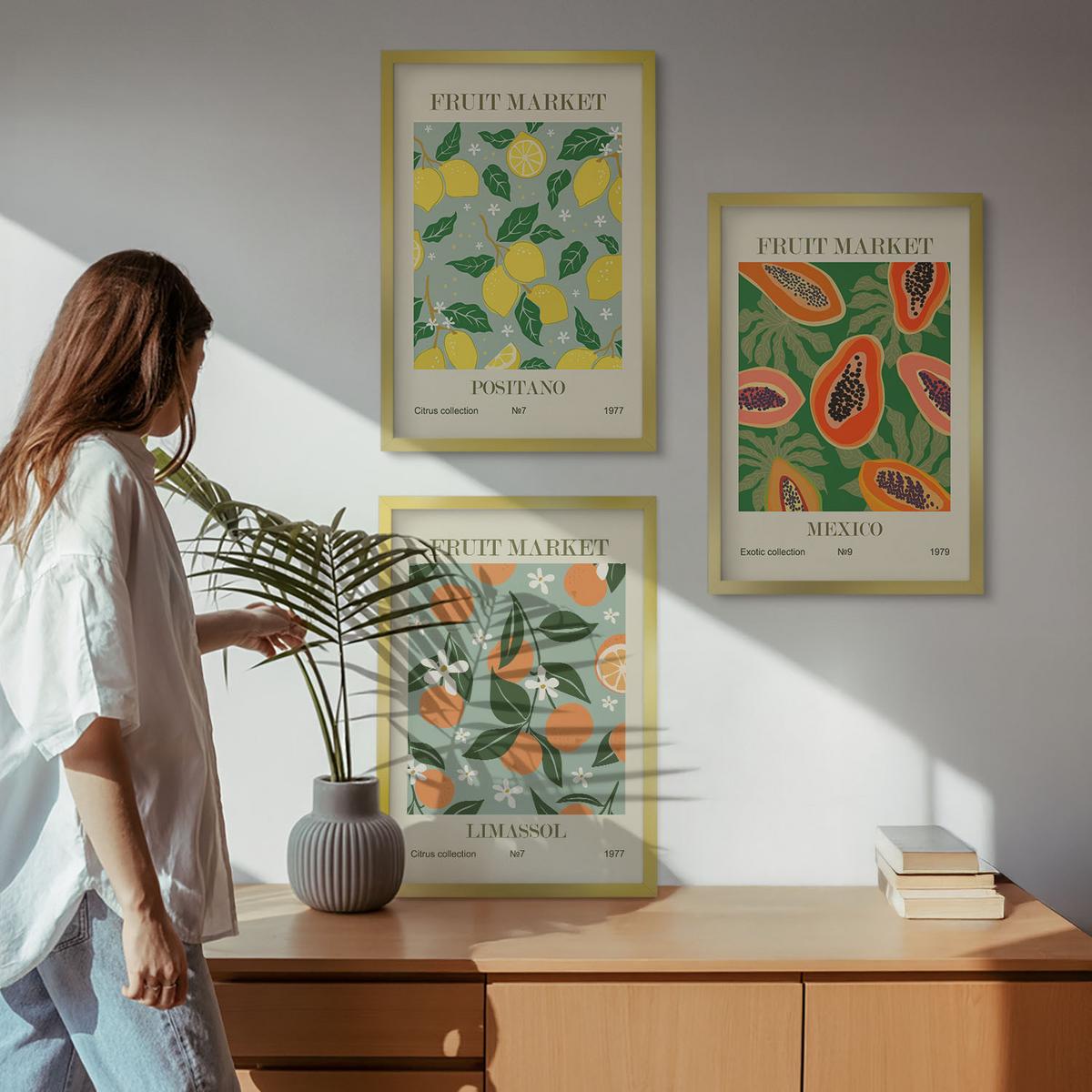 BILDER SET 3er Set - 40x60 cm Goldrahmen - Fruchtposter Zitronen Papayas - Goldfarben, Kunststoff (40/60cm) - TULUP