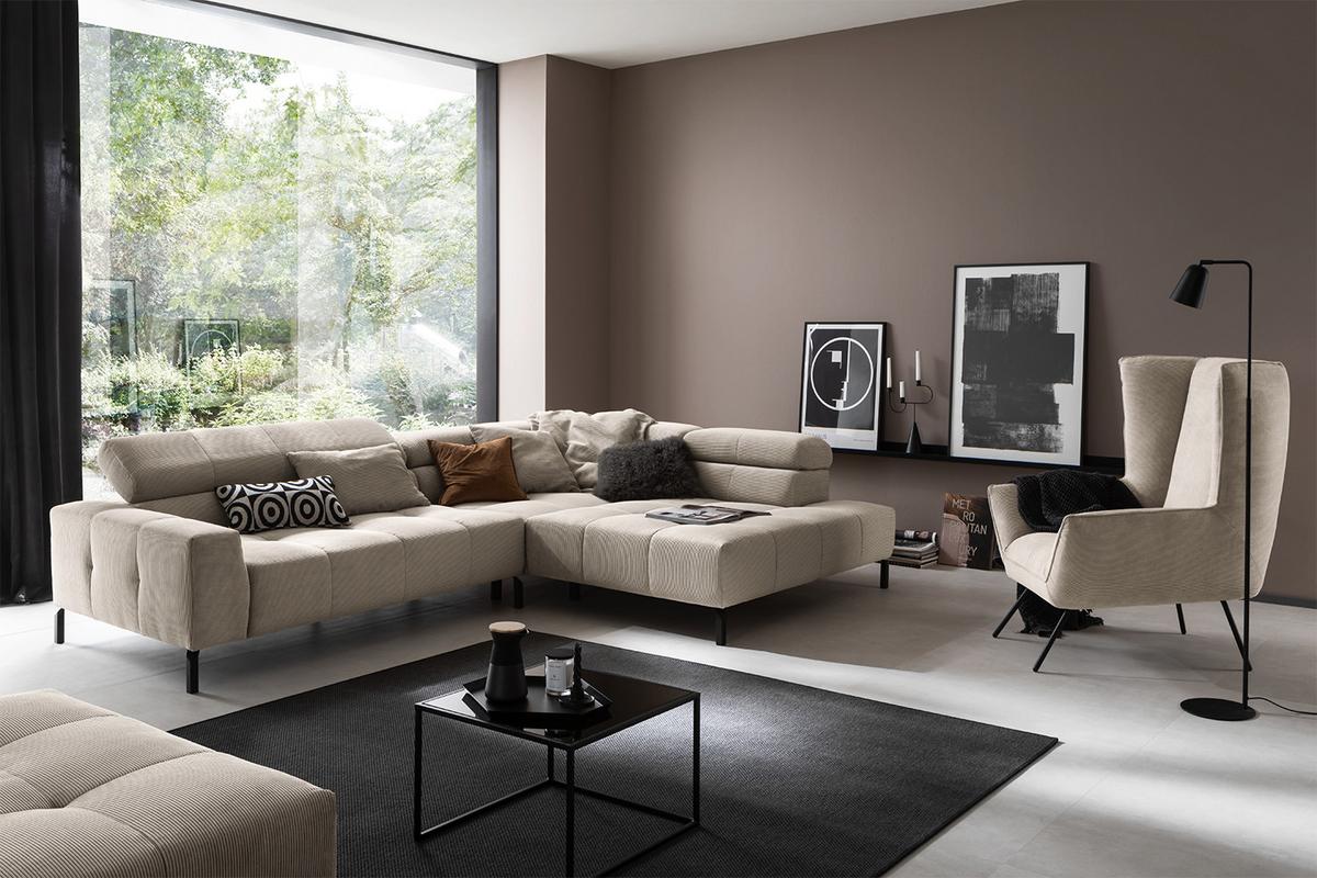 ECKSOFA MIT MOTORISCHEM SITZVORZUG OHIO Beige Cord Relaxfunktion - Beige/Schwarz, Textil/Metall (311/219cm) - KAWOLA