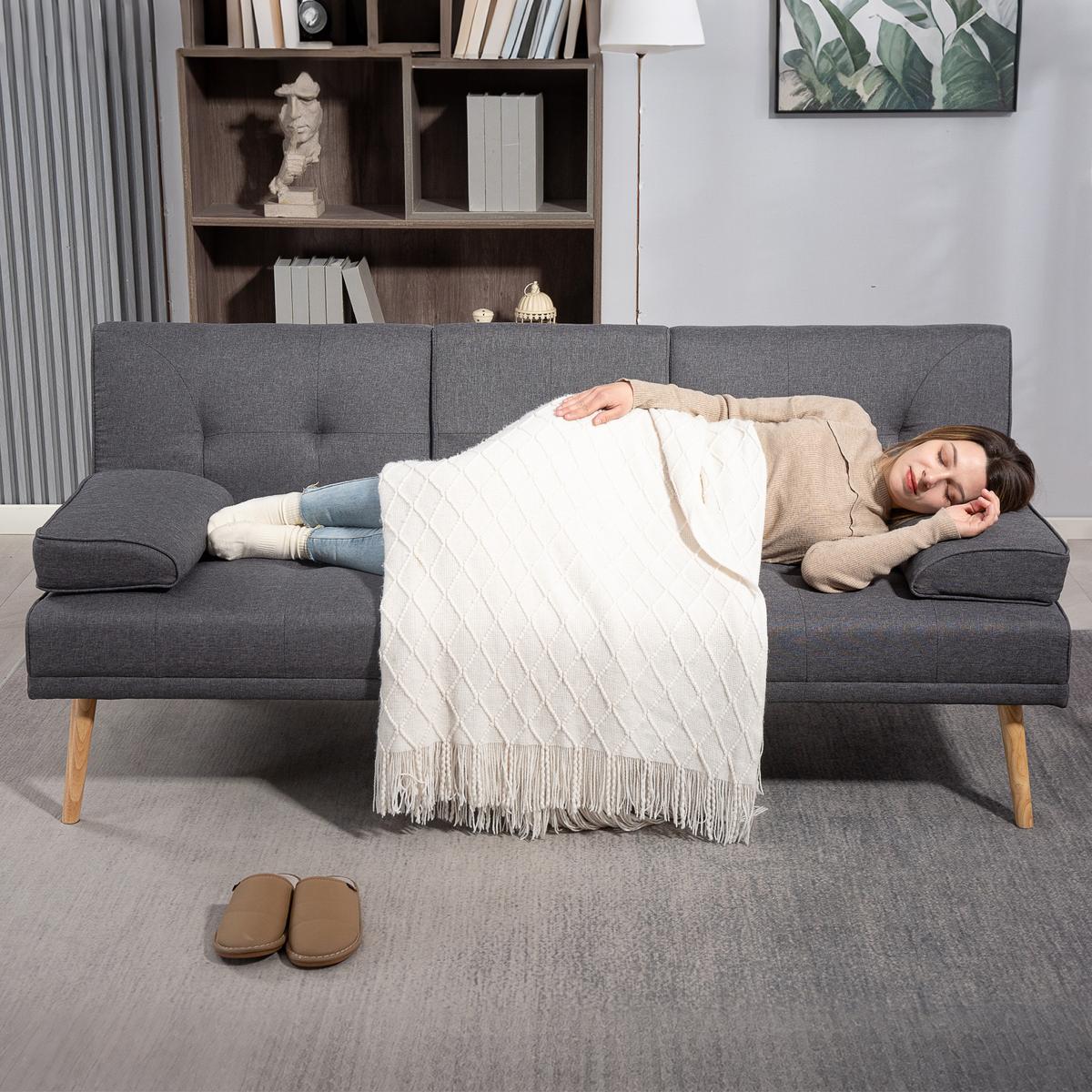 SCHLAFSOFA 3-Sitzer-Sofa Bettsofa mit Klappbarem Tisch Stoffsofa mit Leinenoptik - Dunkelgrau/Naturfarben, Holz/Textil (77/78/181cm) - HOMCOM