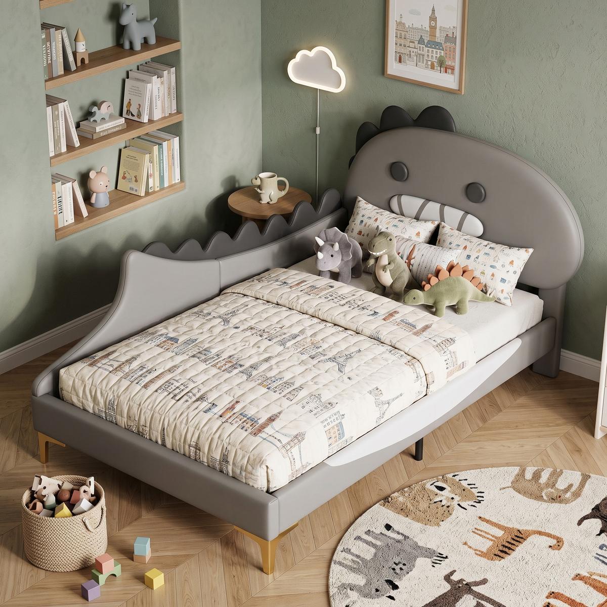 KINDERBETT pu dinosaurier design 90x200cm mit lattenrost - Grau, Leder (90/200cm) - Urban Meuble