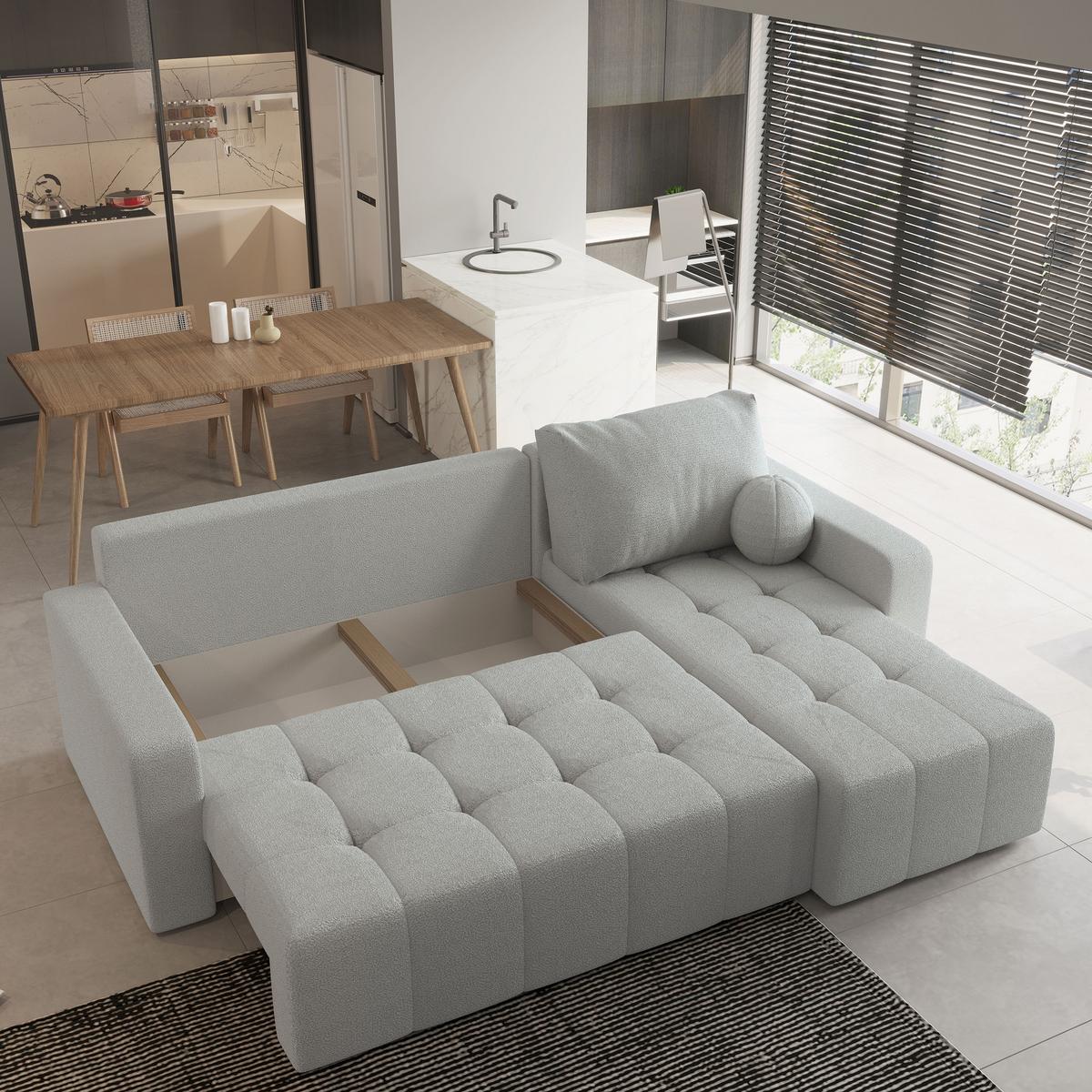 ECKSOFA VOLIRA Hellgrau Boucle-Stoff mit Schlaffunktion - Hellgrau, Holz (230/143cm) - MASSENO
