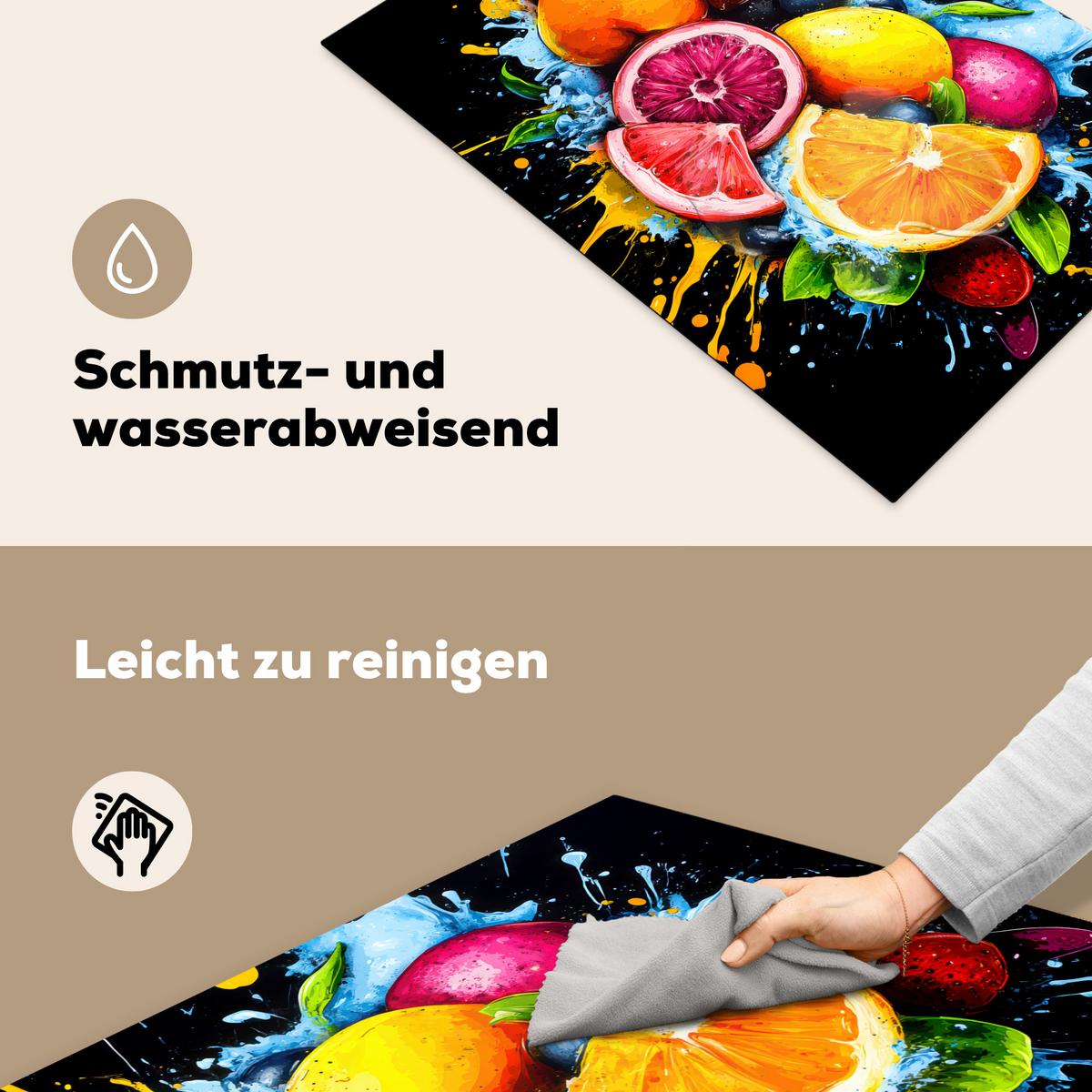 HERDABDECKPLATTE Obst - Graffiti - Bunt - Orange - Erdbeere - Abstrakt Ceranfeldabdeckung 78x52 cm - Orange, Kunststoff (78/52/0.2cm) - MuchoWow