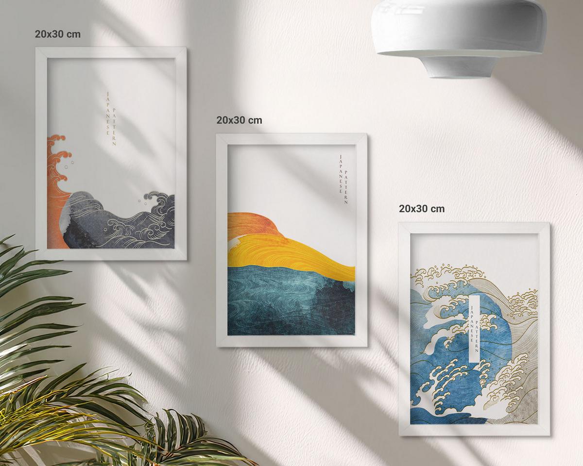 BILDER SET 3er Set - 20x30 cm Weißer Rahmen - Wellen des japanischen Grafikstils - Weiß, Kunststoff (20/30cm) - TULUP