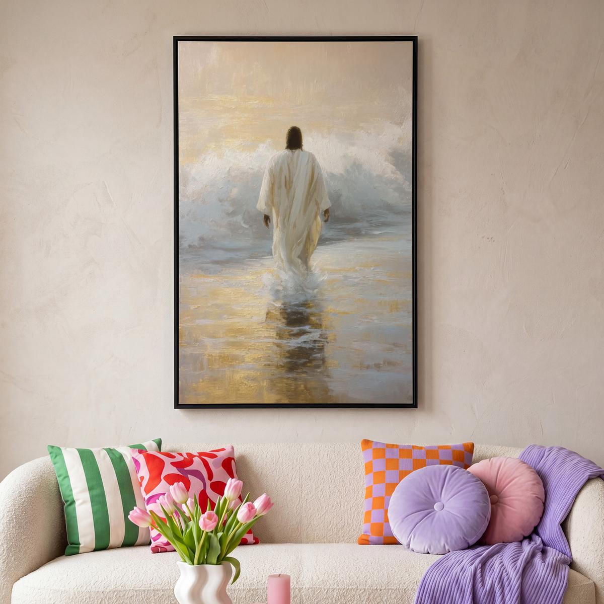 LEINWAND Bilder mit Rahmen - Gemälde - Welle - Jesus - Abstrakt - 80x120 - Goldfarben, Textil (80/120cm) - MuchoWow