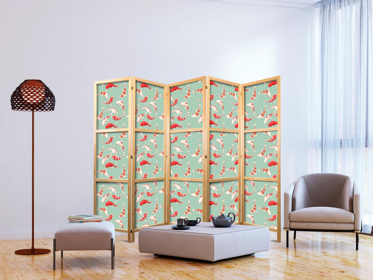 PARAVENT Japanischer 5-tlg 225x172 cm Koi-Fische - Grün, Holz/Textil (225/172/3cm) - Muralo