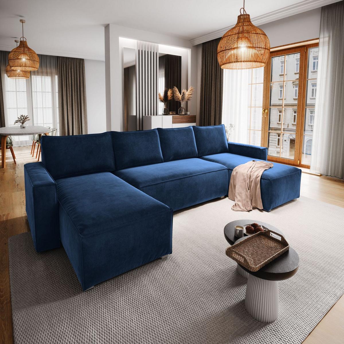 WOHNLANDSCHAFT DENI Blau Velours-Stoff mit Schlaffunktion - Blau/Grau, Holz/Kunststoff (295/85/140cm) - MASSENO