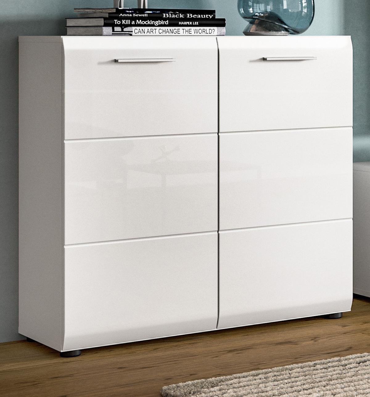 KOMMODE weiß Hochglanz 80 x 81 cm, Sideboard 2-türig - Weiß Hochglanz/Silberfarben, Holzwerkstoff/Kunststoff (80/81/34cm) - Inn.Furn