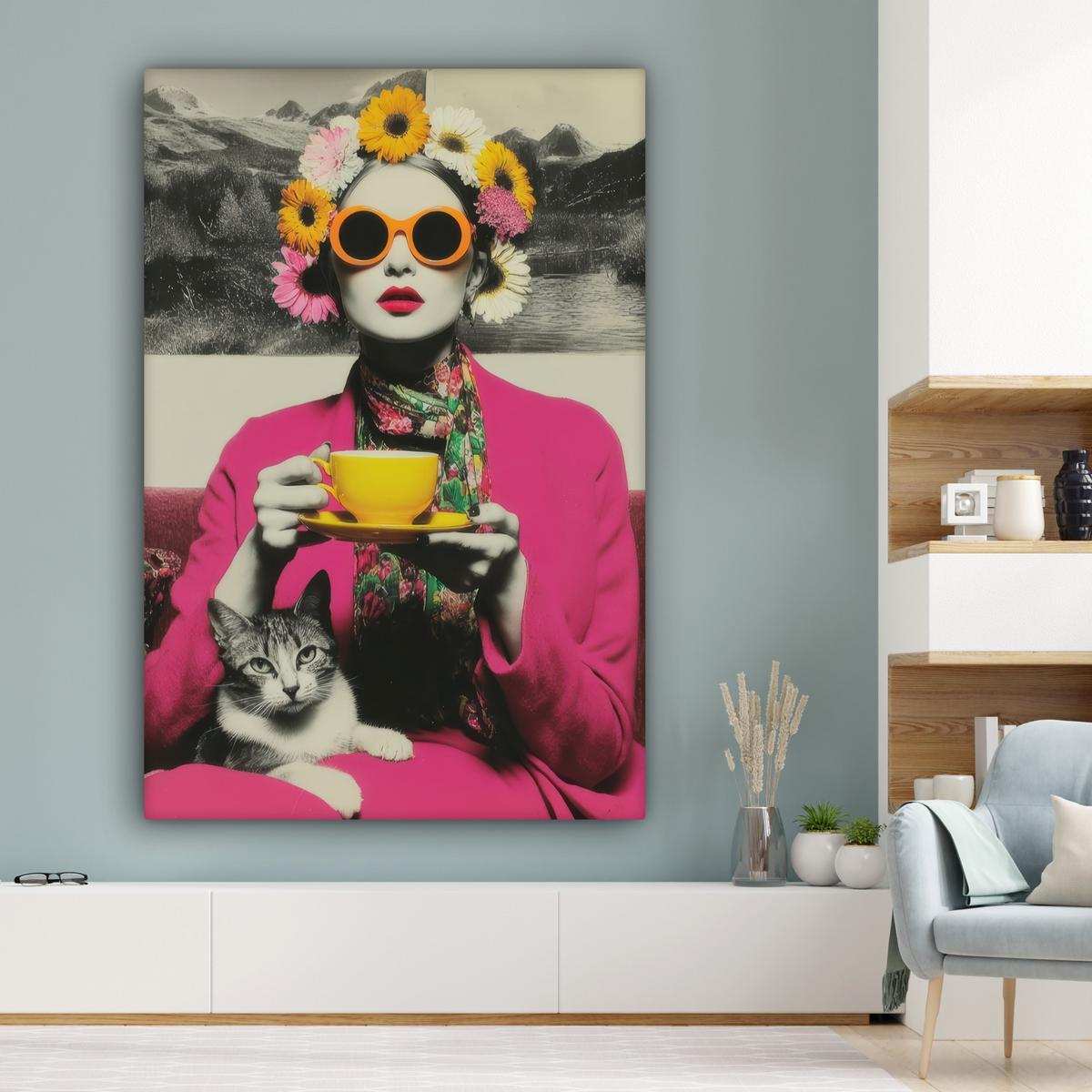 LEINWANDBILD Frau - Katze - Blumen - Tasse - Retro Deko Groß 90x140 cm - Magenta, Textil (90/140cm) - MuchoWow