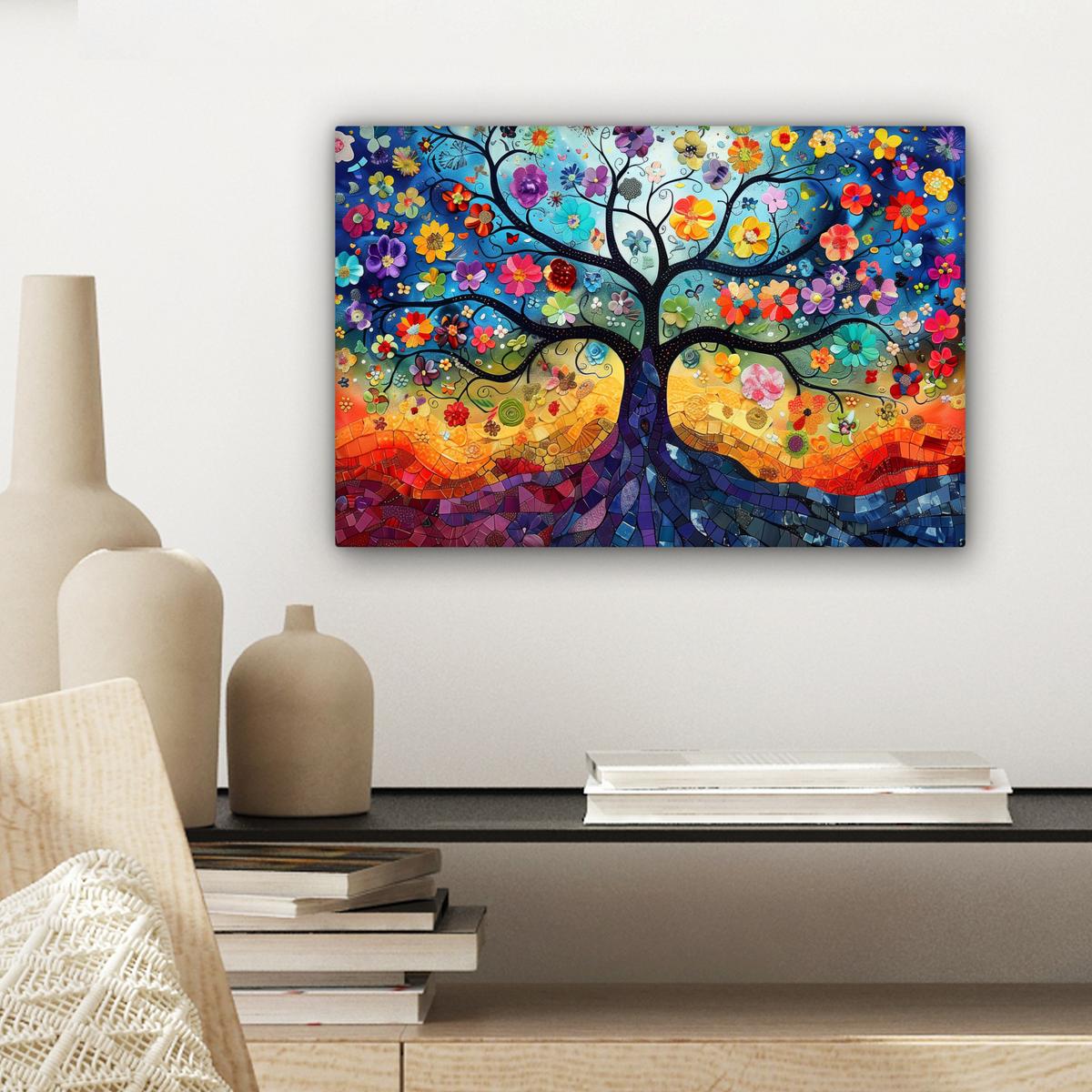 LEINWANDBILD Kunst - Baum des Lebens - Blumen - Hippie Deko Schlafzimmer 30x20 cm - Dunkelblau, Textil (30/20cm) - MuchoWow